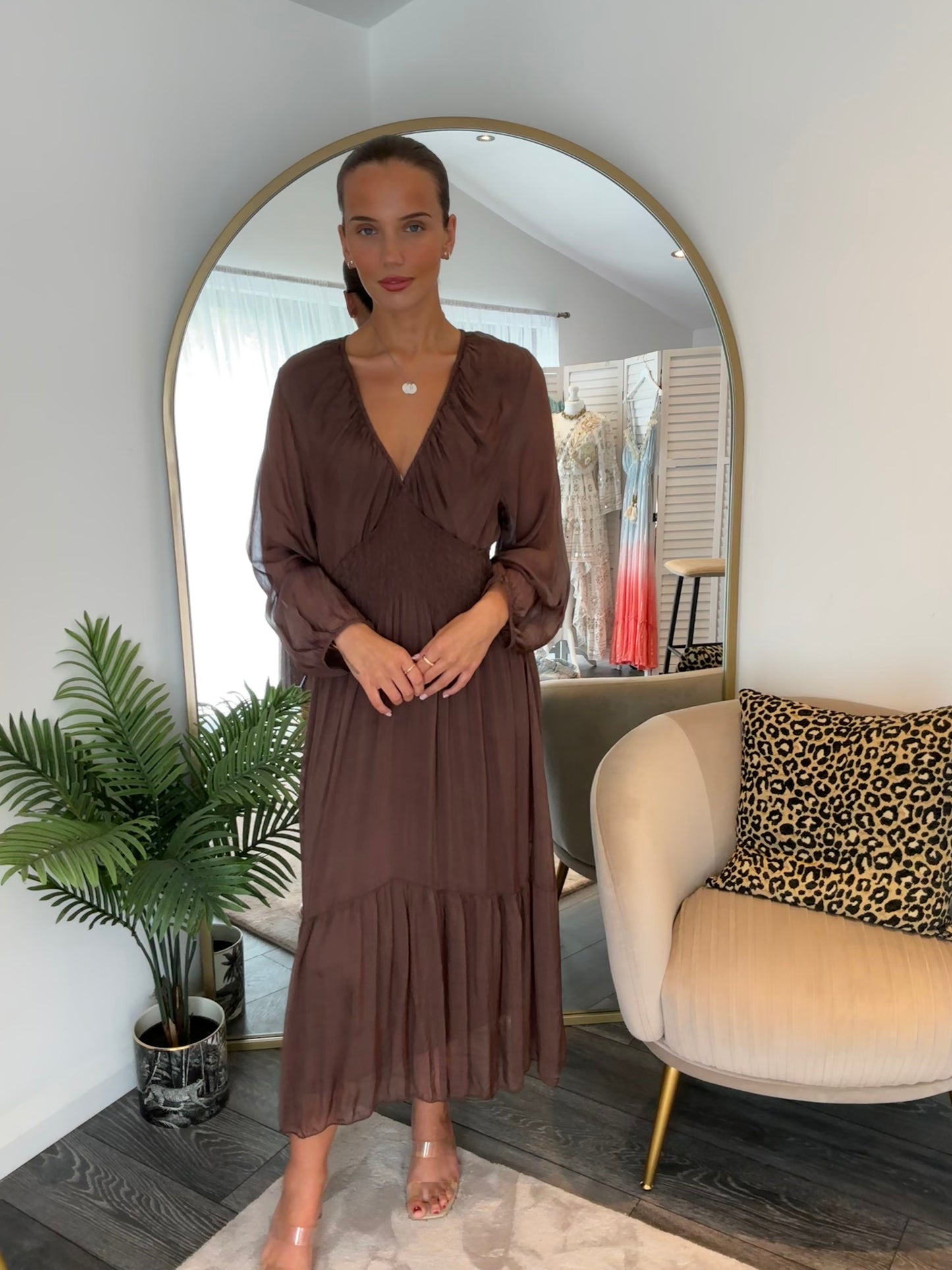 Brown “Darcy” Silk Mix Midi Dress