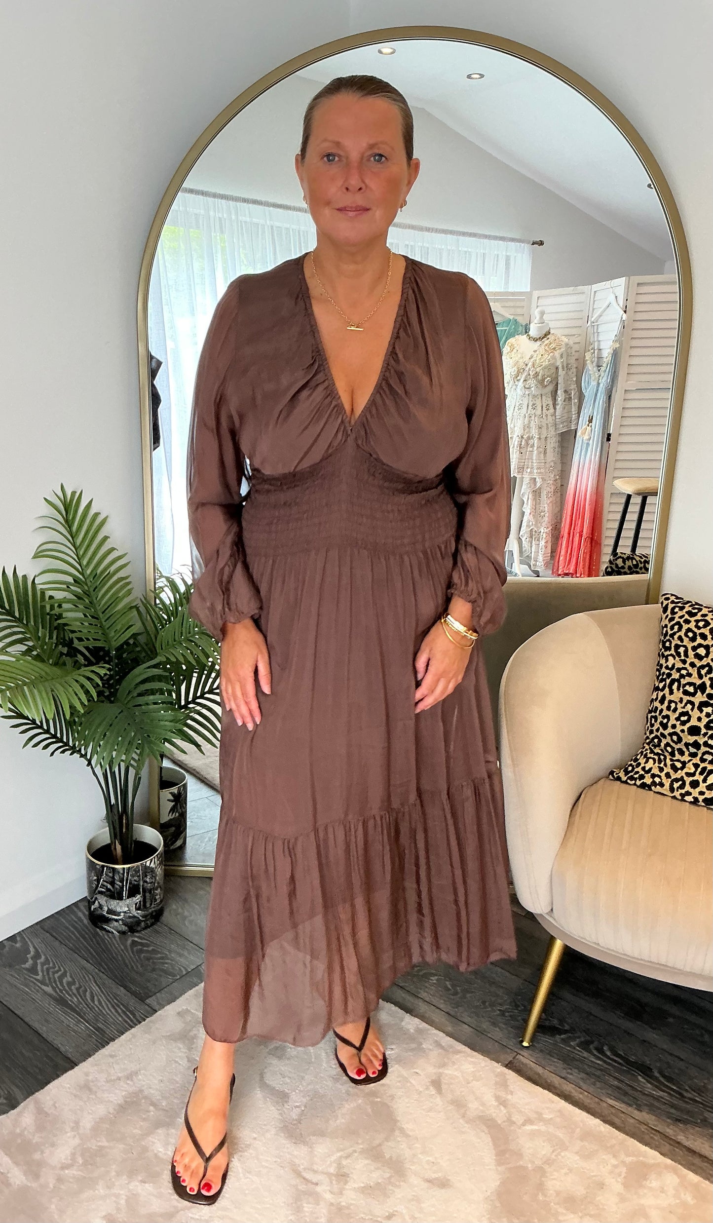 Brown “Darcy” Silk Mix Midi Dress