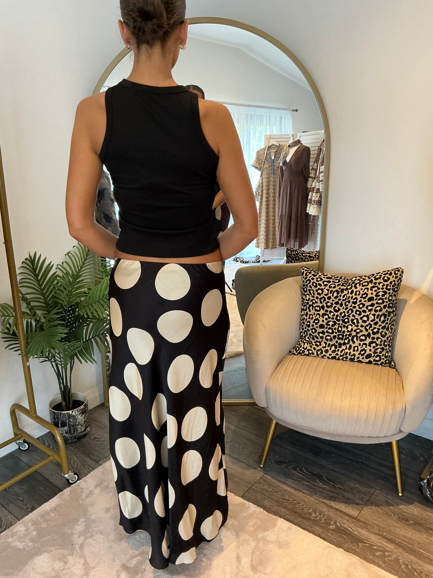 Black “” Spot Bias Cut Maxi Skirt