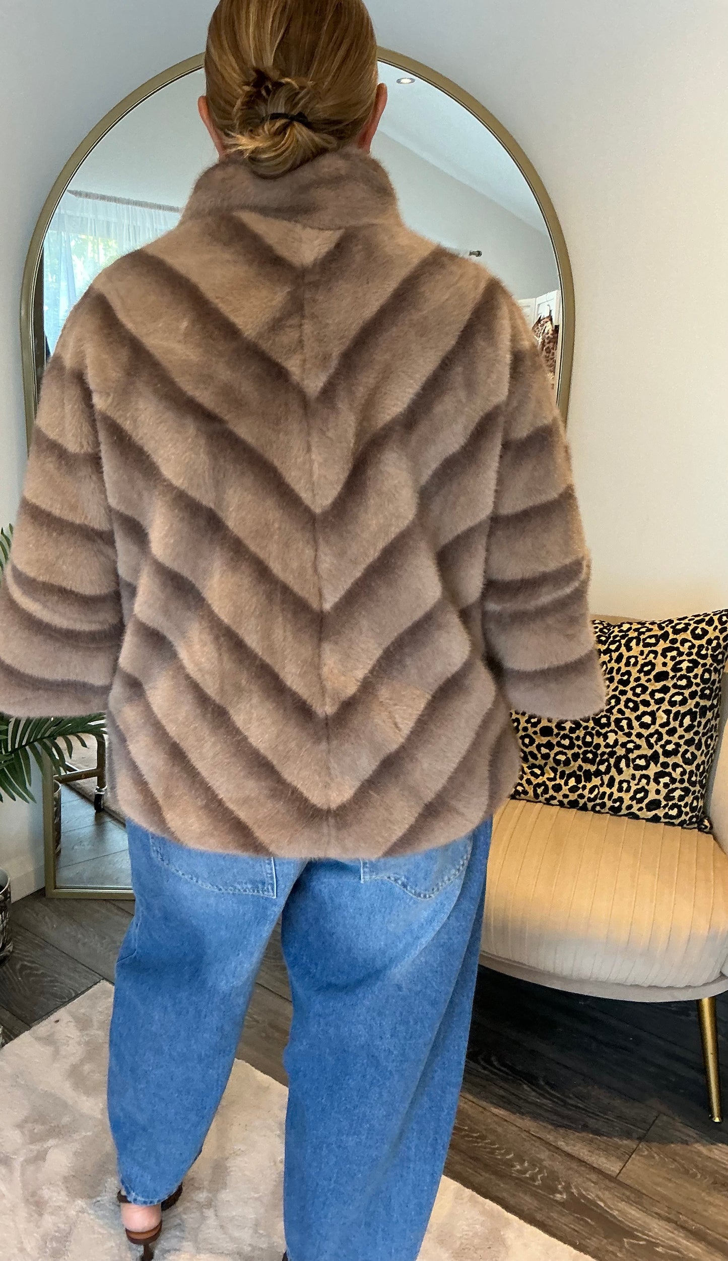 Taupe “Lulu” Stripe Faux Fur Jacket