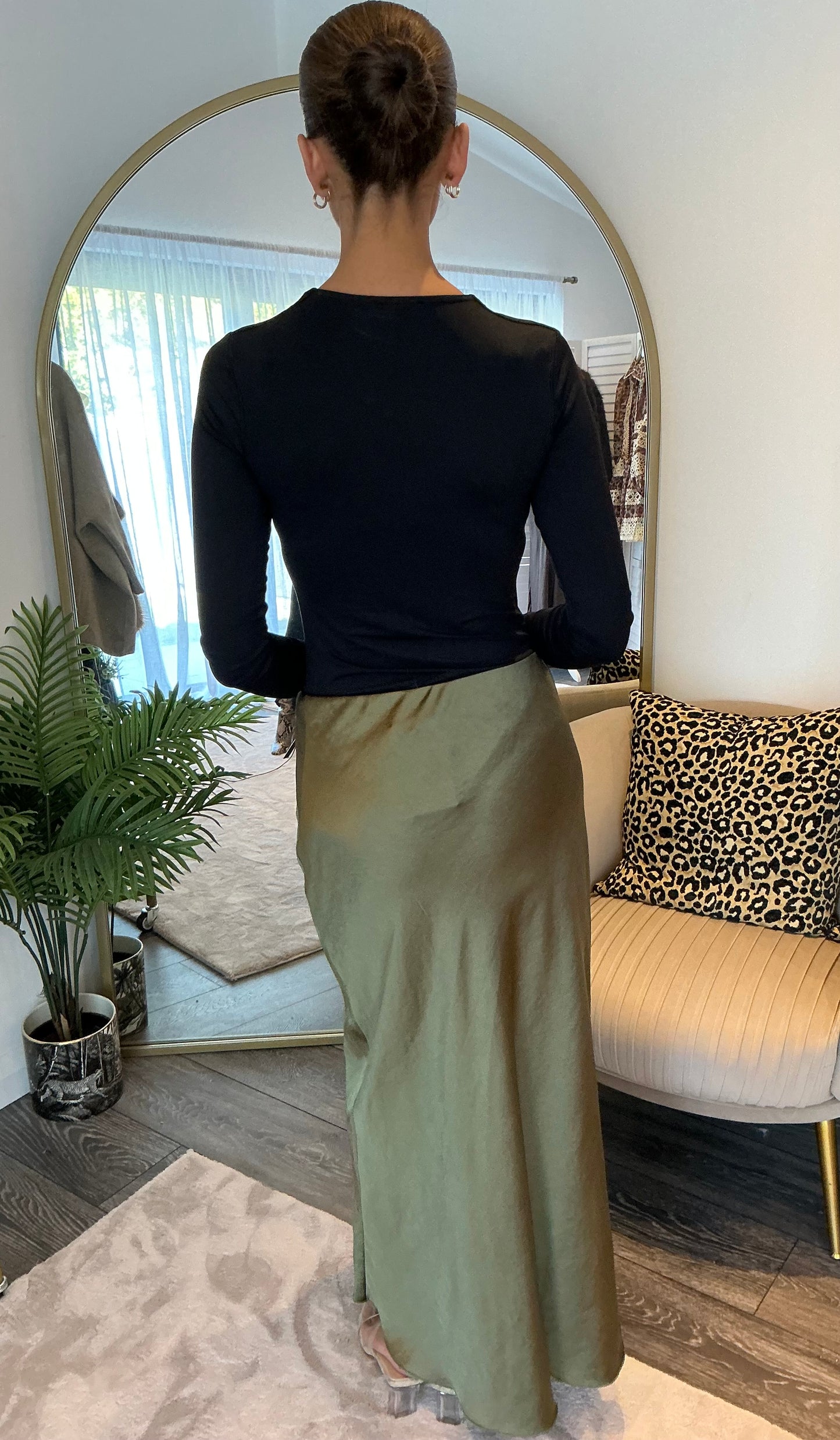 Khaki “Lara” Satin Maxi Skirt