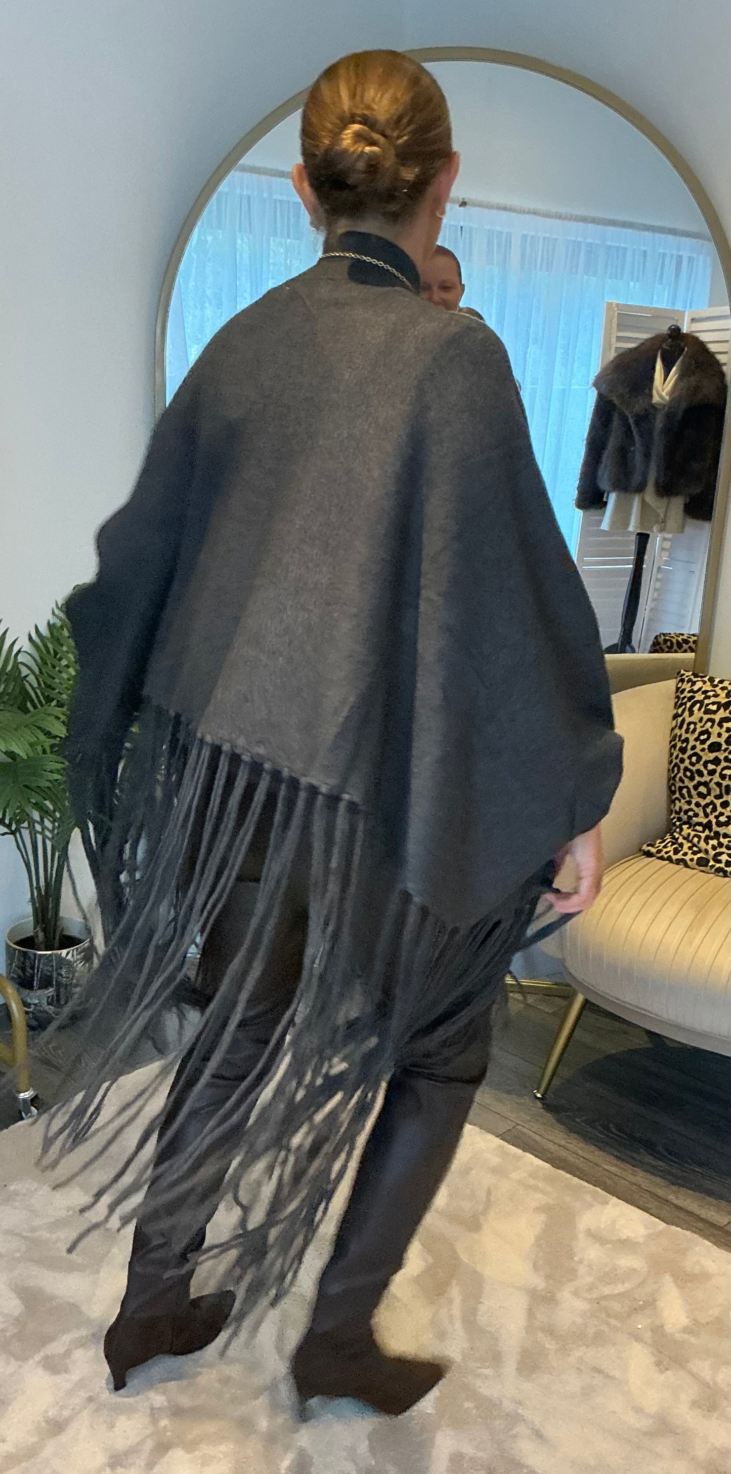 Grey Fringed Poncho Jumper