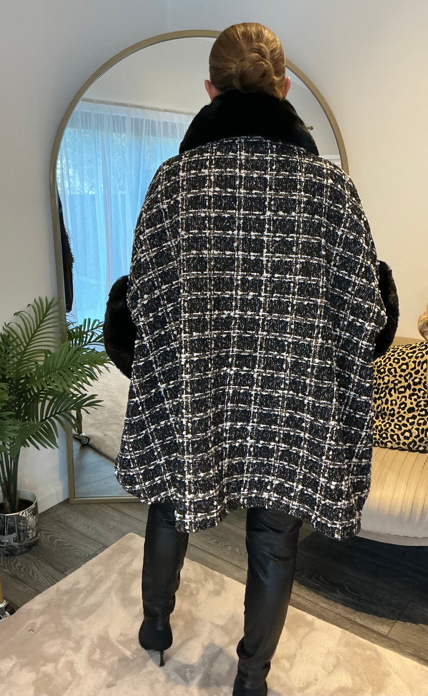 Black “Miranda” Boucle & Faux Fur Cape