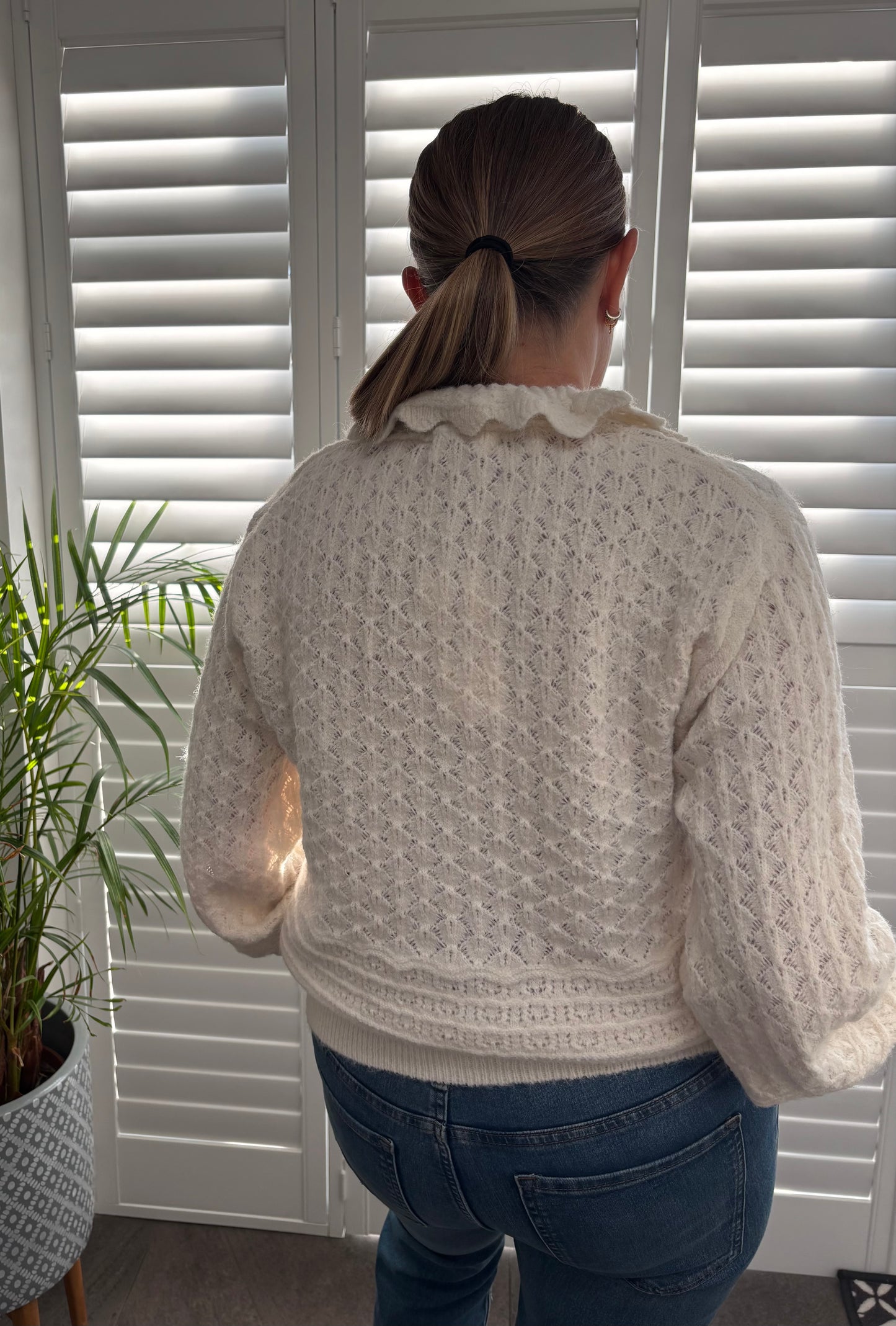 Cream “Polly” Pointelle Knit Cardigan