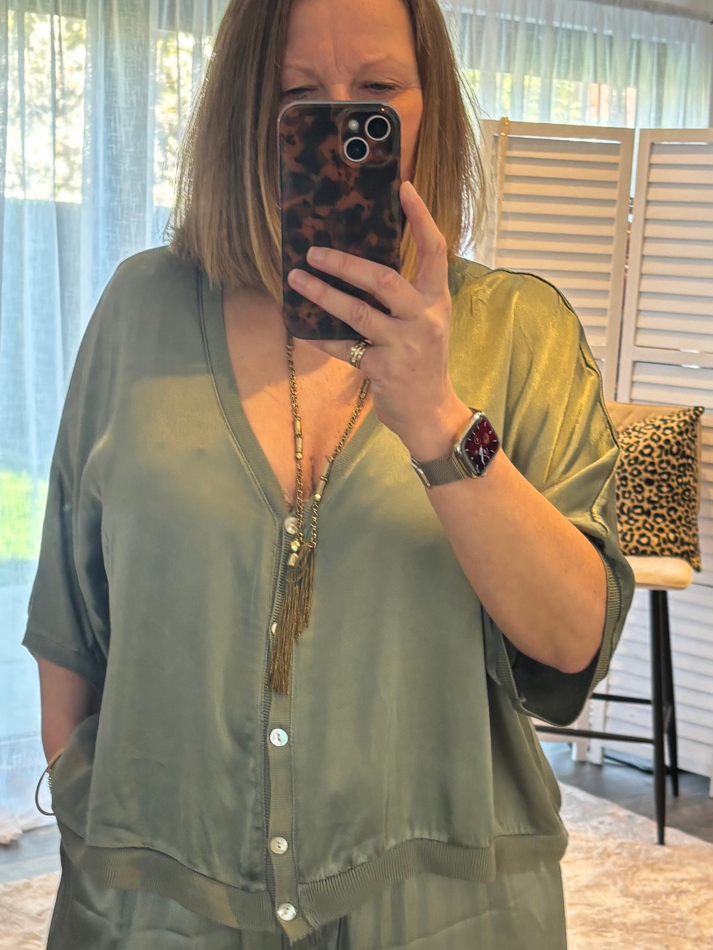 Khaki Satin Jacket & Trouser Coord