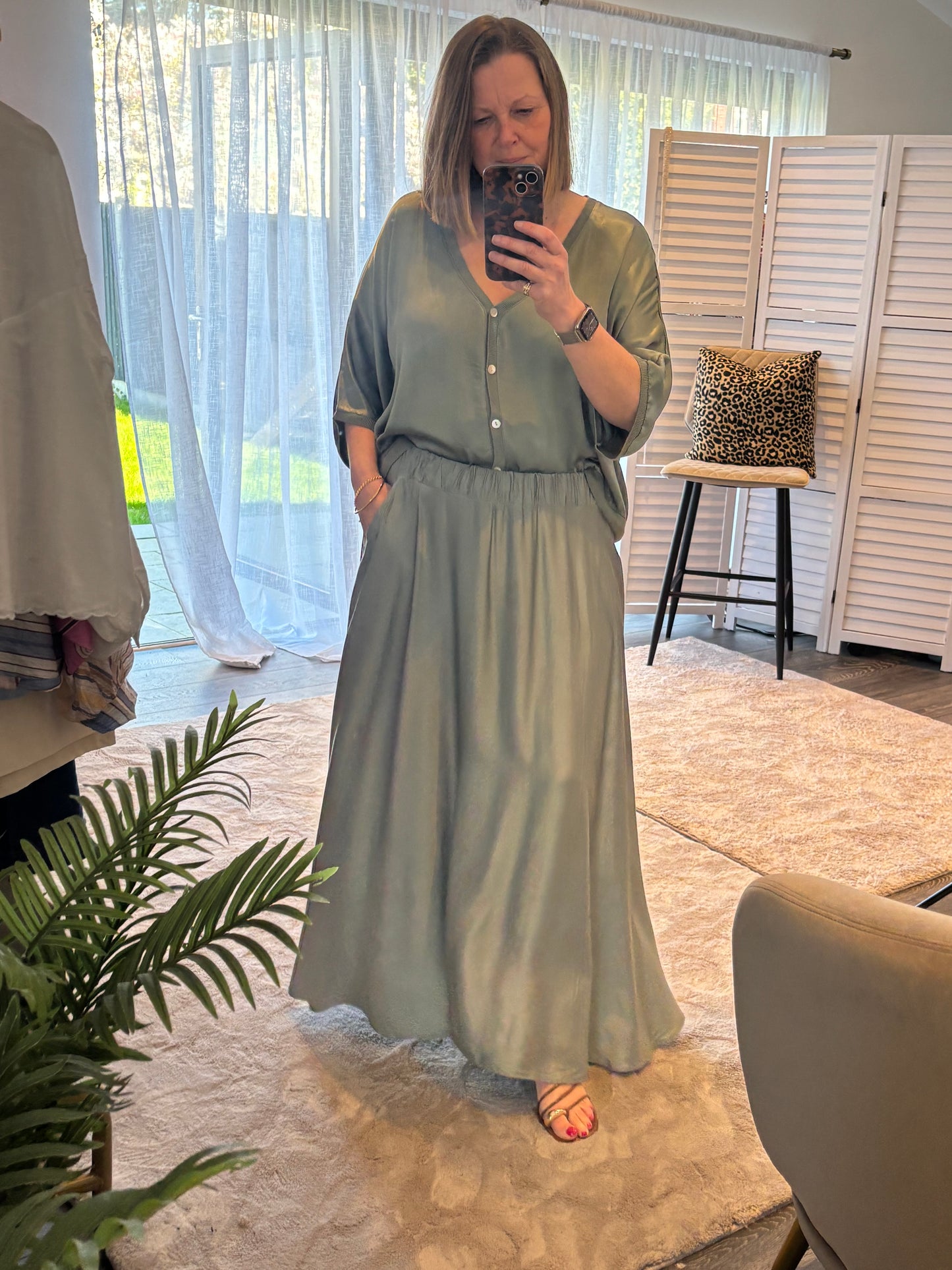 Khaki “Laura” Satin Maxi Skirt