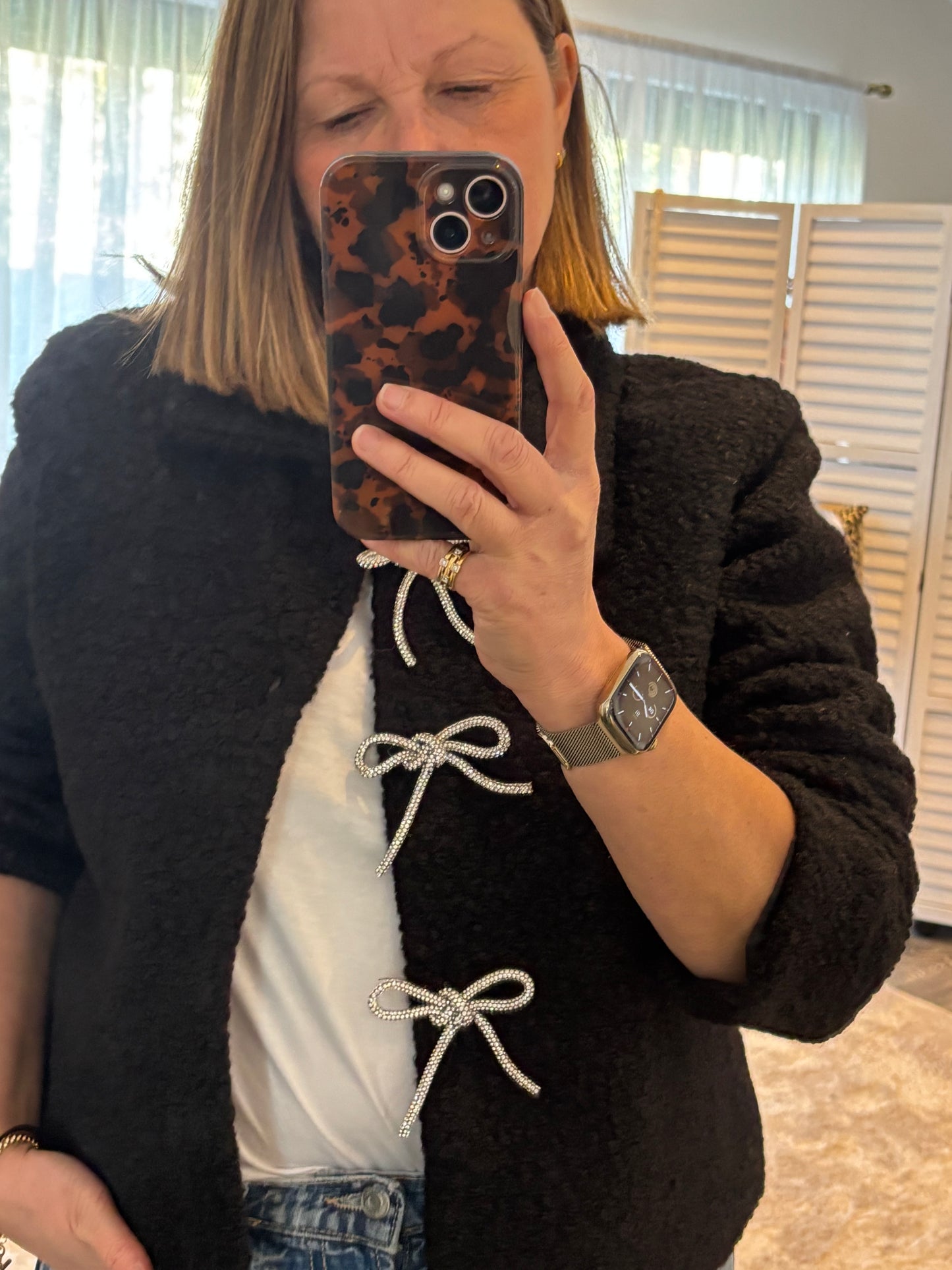 Black Diamante Bow Boucle Jacket