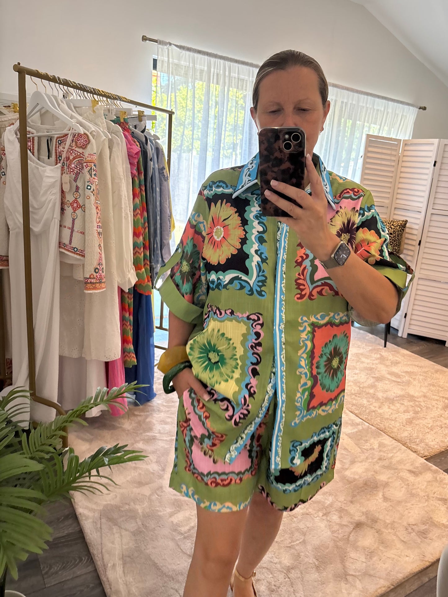 Green Floral Print Shirt & Short Coord