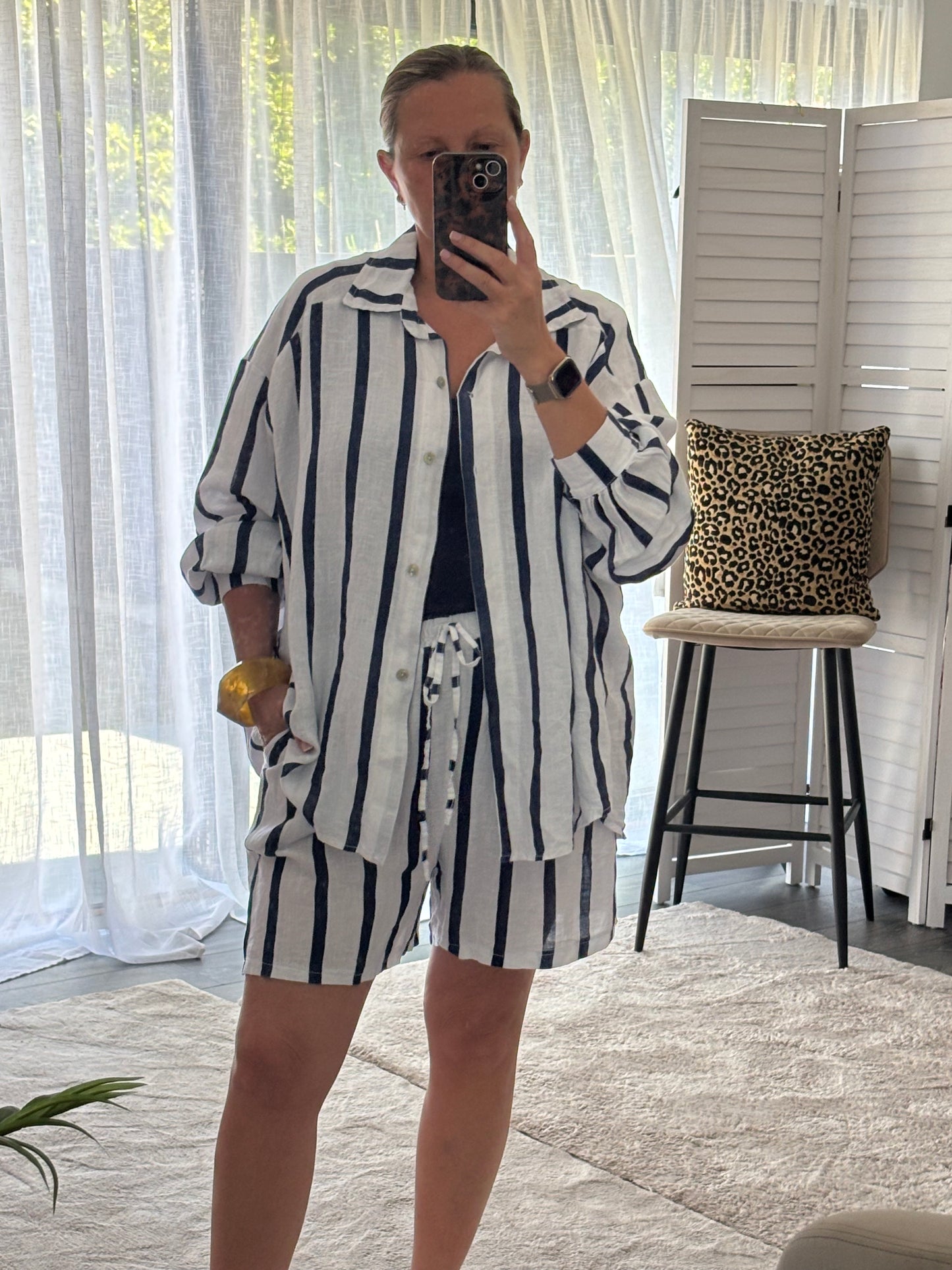 White & Navy”Lois” Linen Stripe Coord