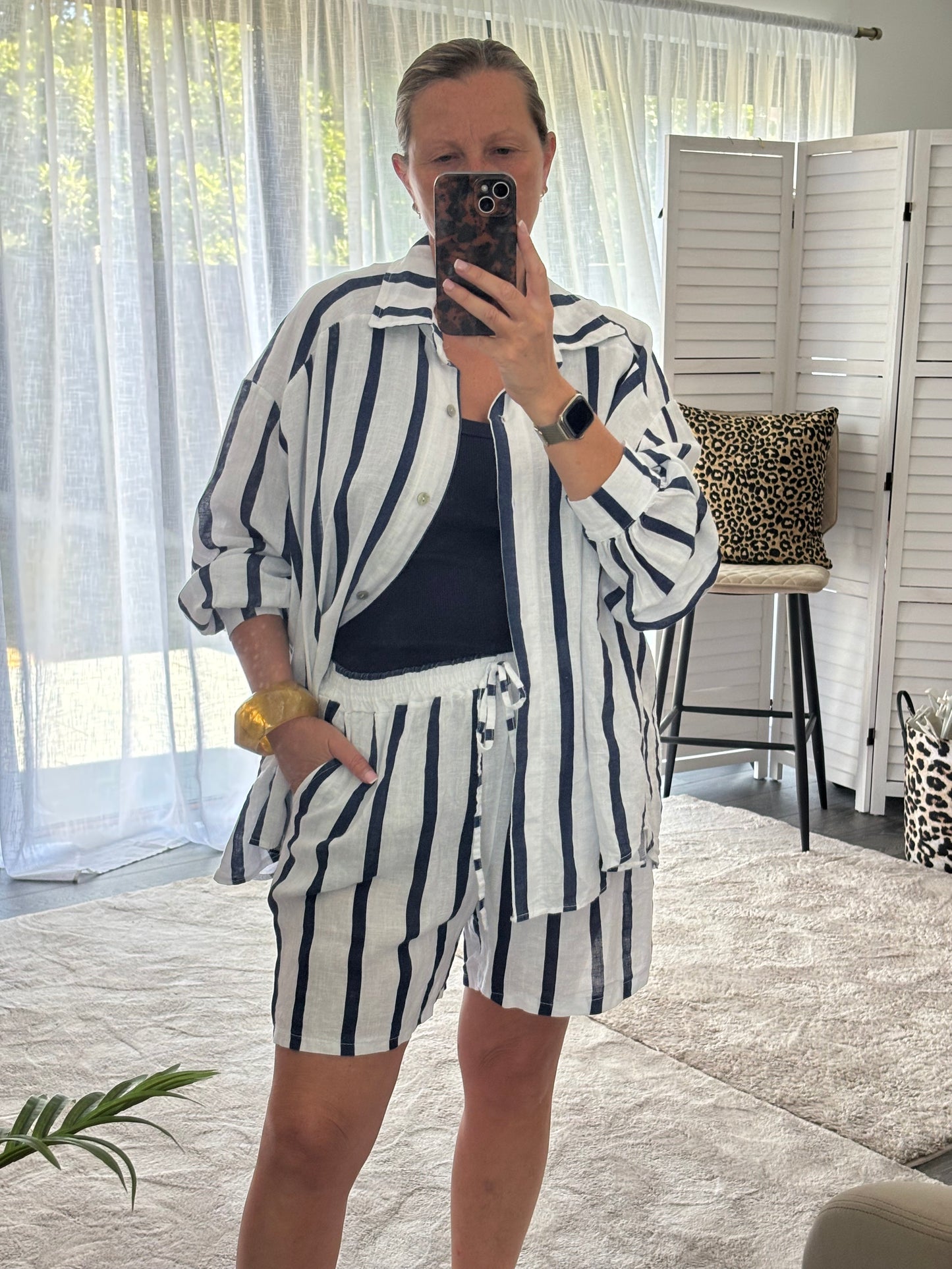 White & Navy”Lois” Linen Stripe Coord