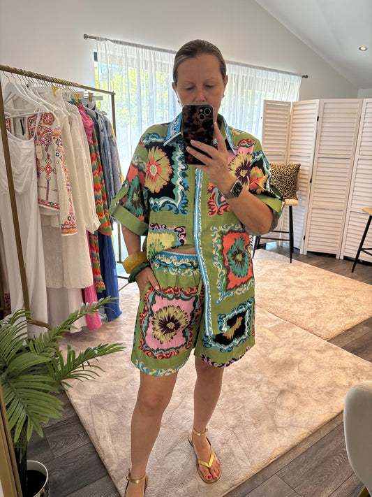 Green Floral Print Shirt & Short Coord