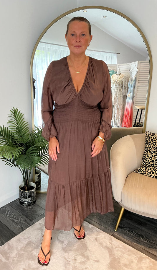Brown  “Darcy” Silk Mix Midi Dress