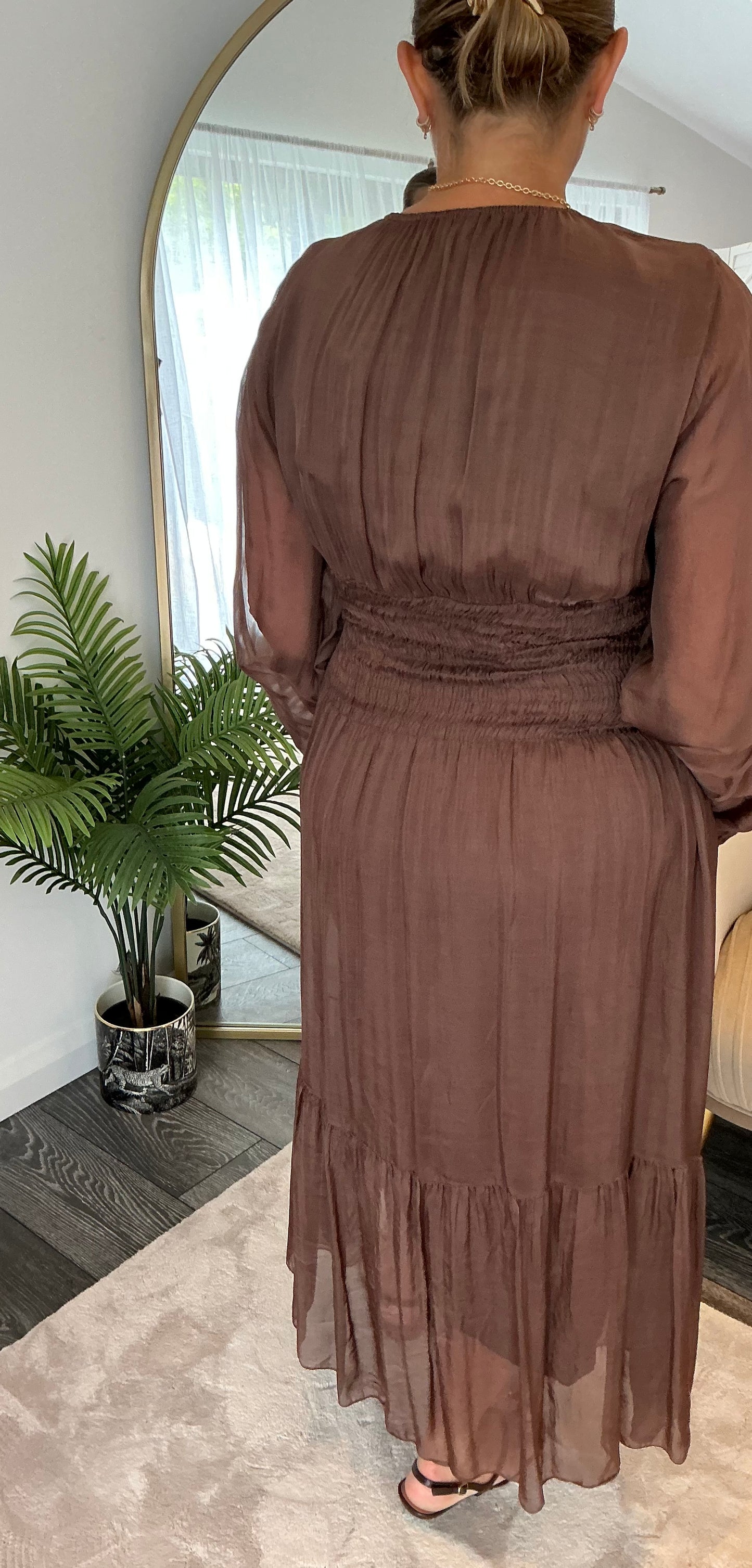 Brown  “Darcy” Silk Mix Midi Dress