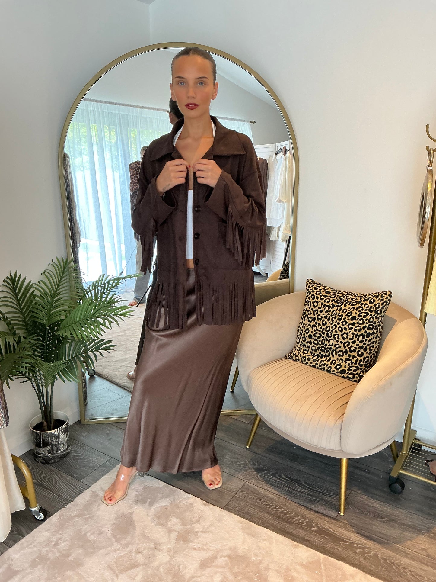 Chocolate “Kate” Suedette Fringe Jacket