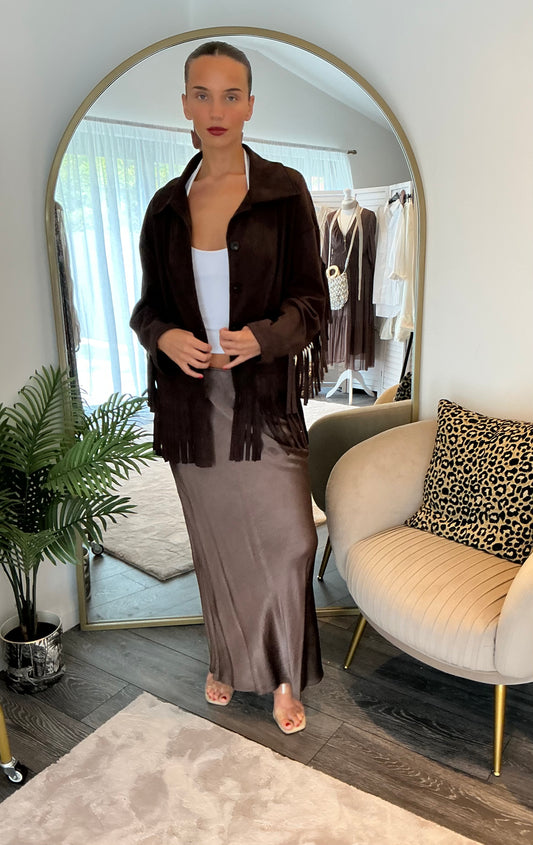 Chocolate “Kate” Suedette Fringe Jacket