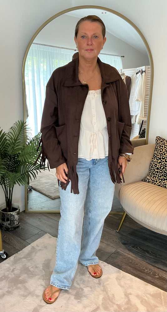 Chocolate “Kate” Suedette Fringe Jacket