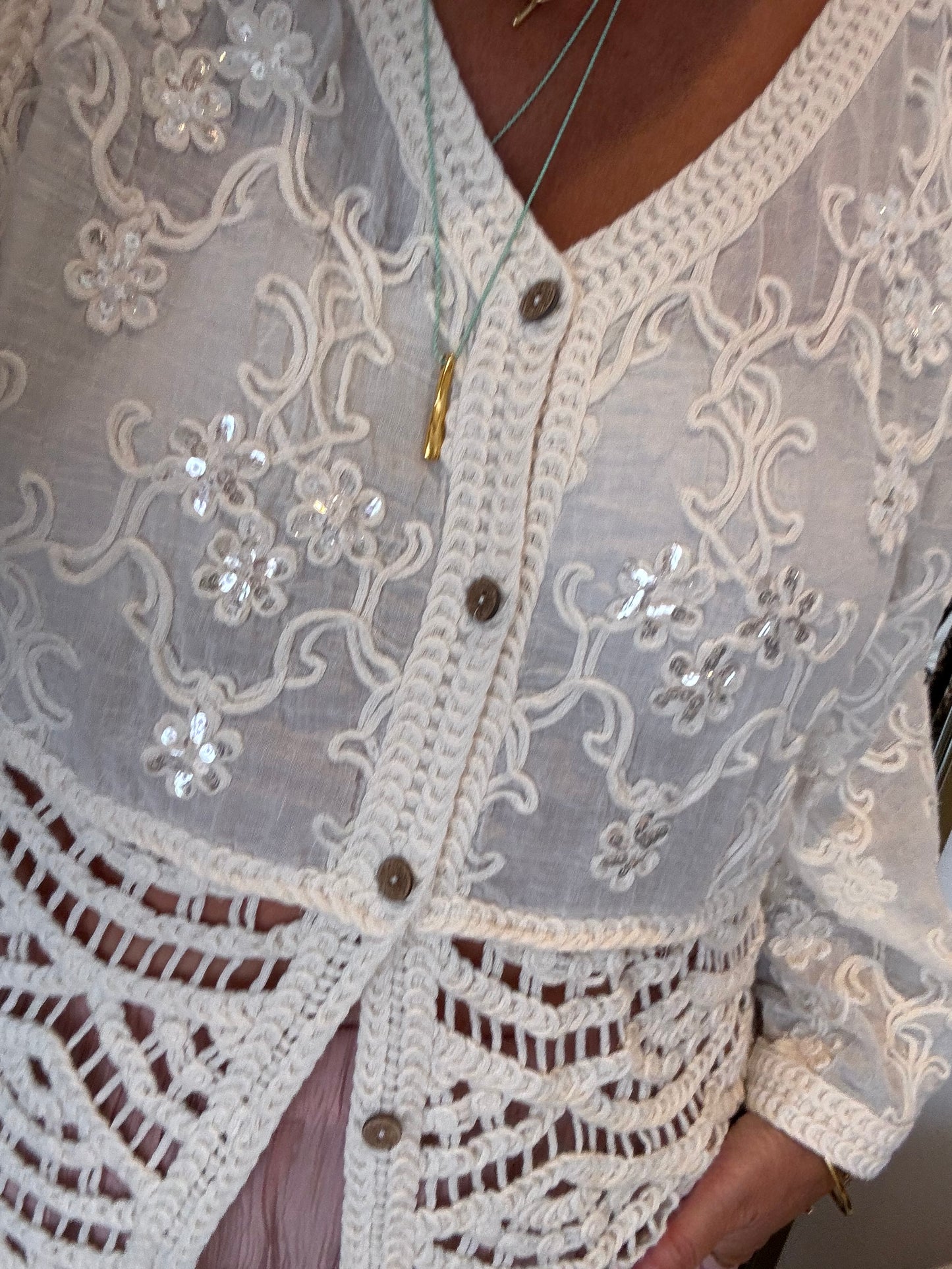 Cream Embroidered & Crochet Blouse