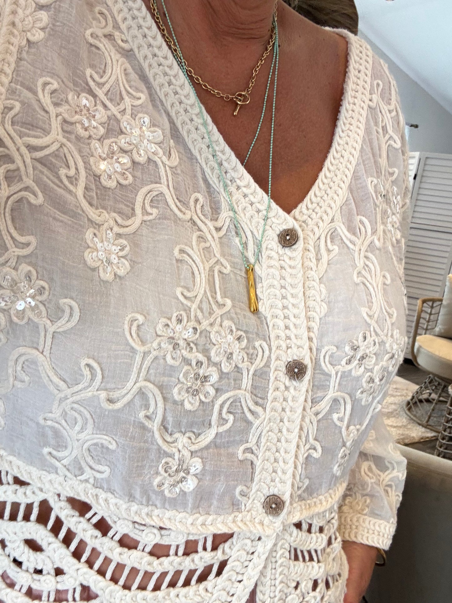 Cream Embroidered & Crochet Blouse