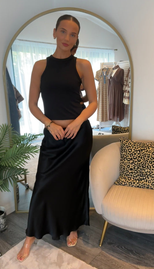 Black “” Satin Bias Cut Maxi Skirt