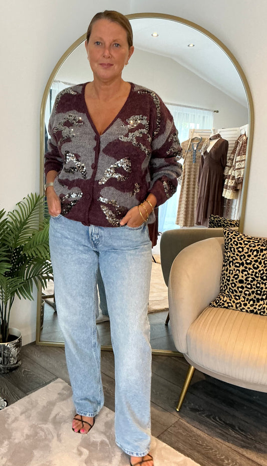 Dark Red “Camelia” Camo Sequin Cardi