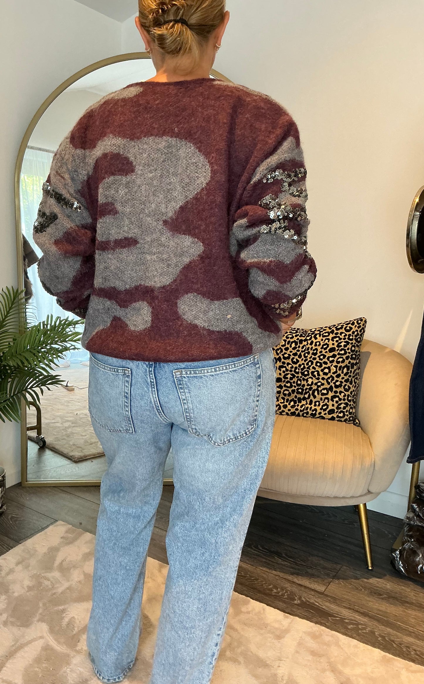 Dark Red “Camelia” Camo Sequin Cardi