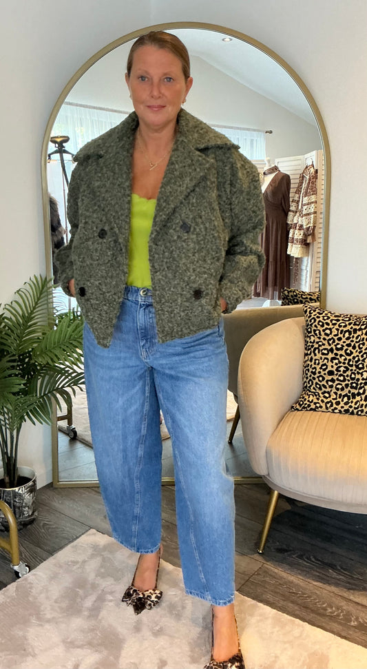 Khaki “Kaitlin” Boucle Cropped Jacket