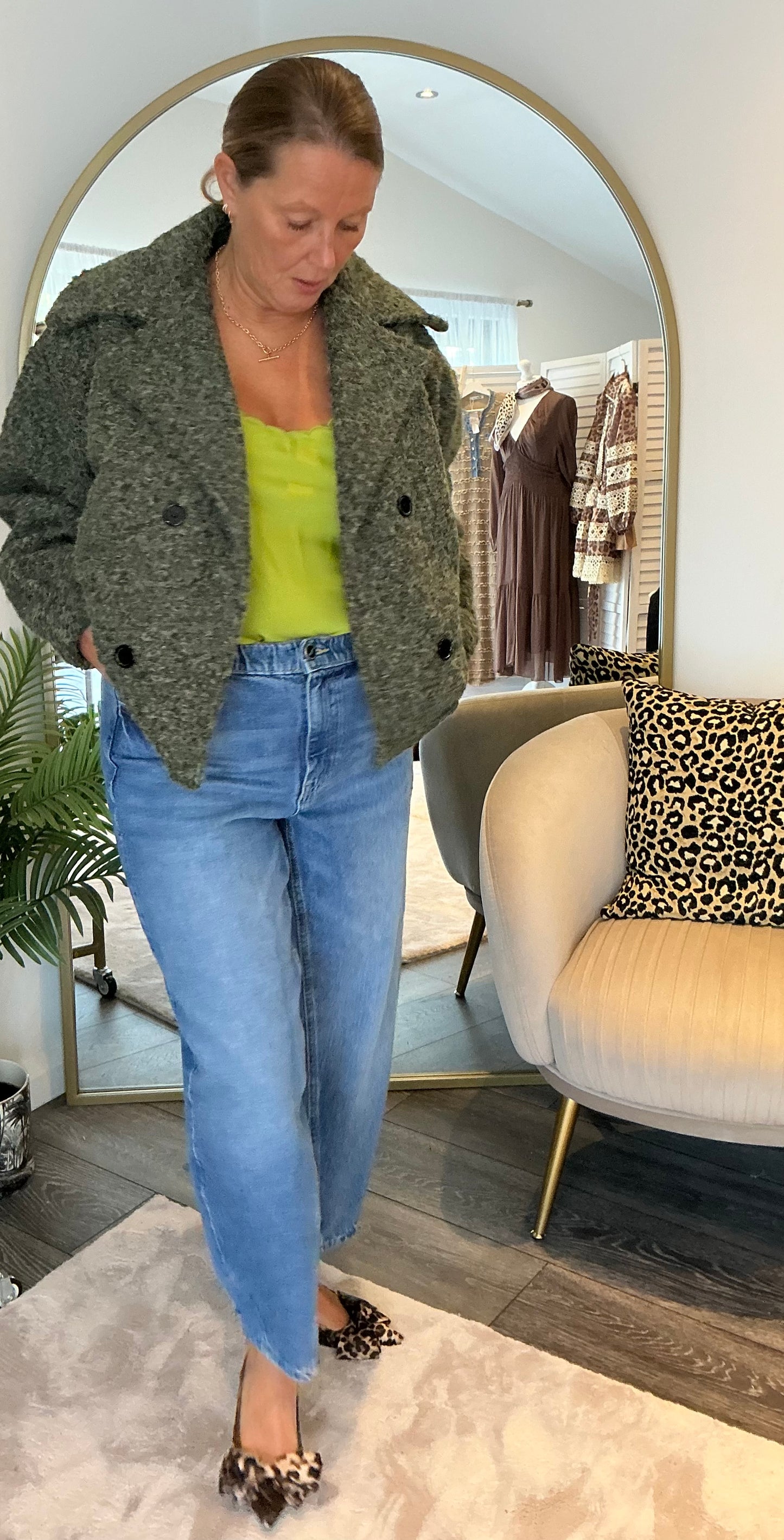 Khaki “Kaitlin” Boucle Cropped Jacket