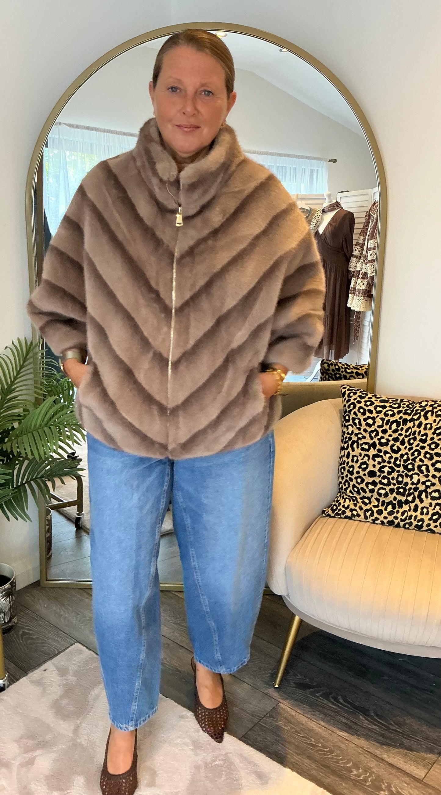 Taupe “Lulu” Stripe Faux Fur Jacket