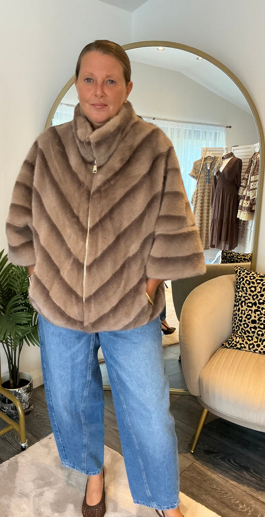 Taupe “Lulu” Stripe Faux Fur Jacket