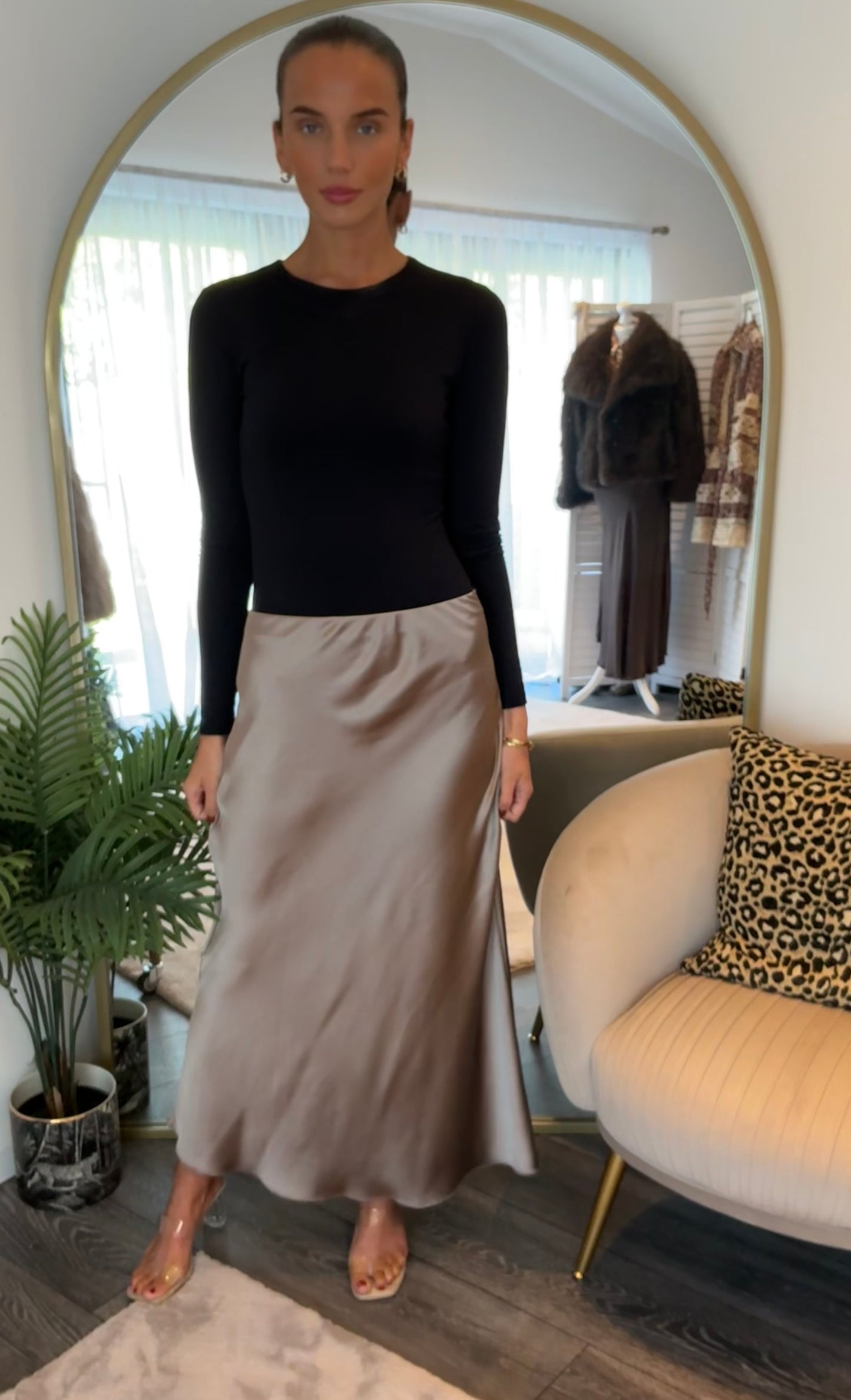 Taupe “Lara” Satin Maxi Skirt