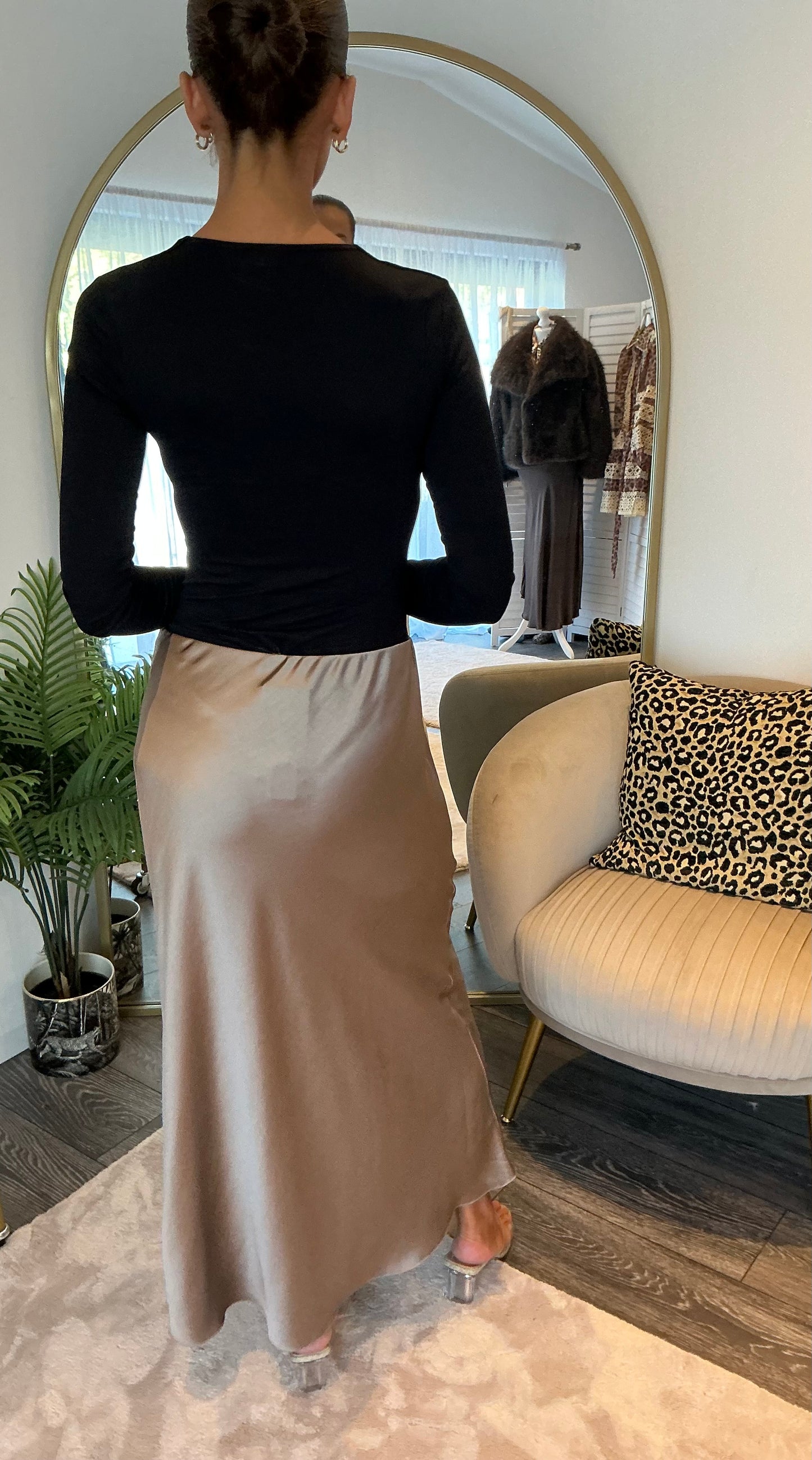 Taupe “Lara” Satin Maxi Skirt