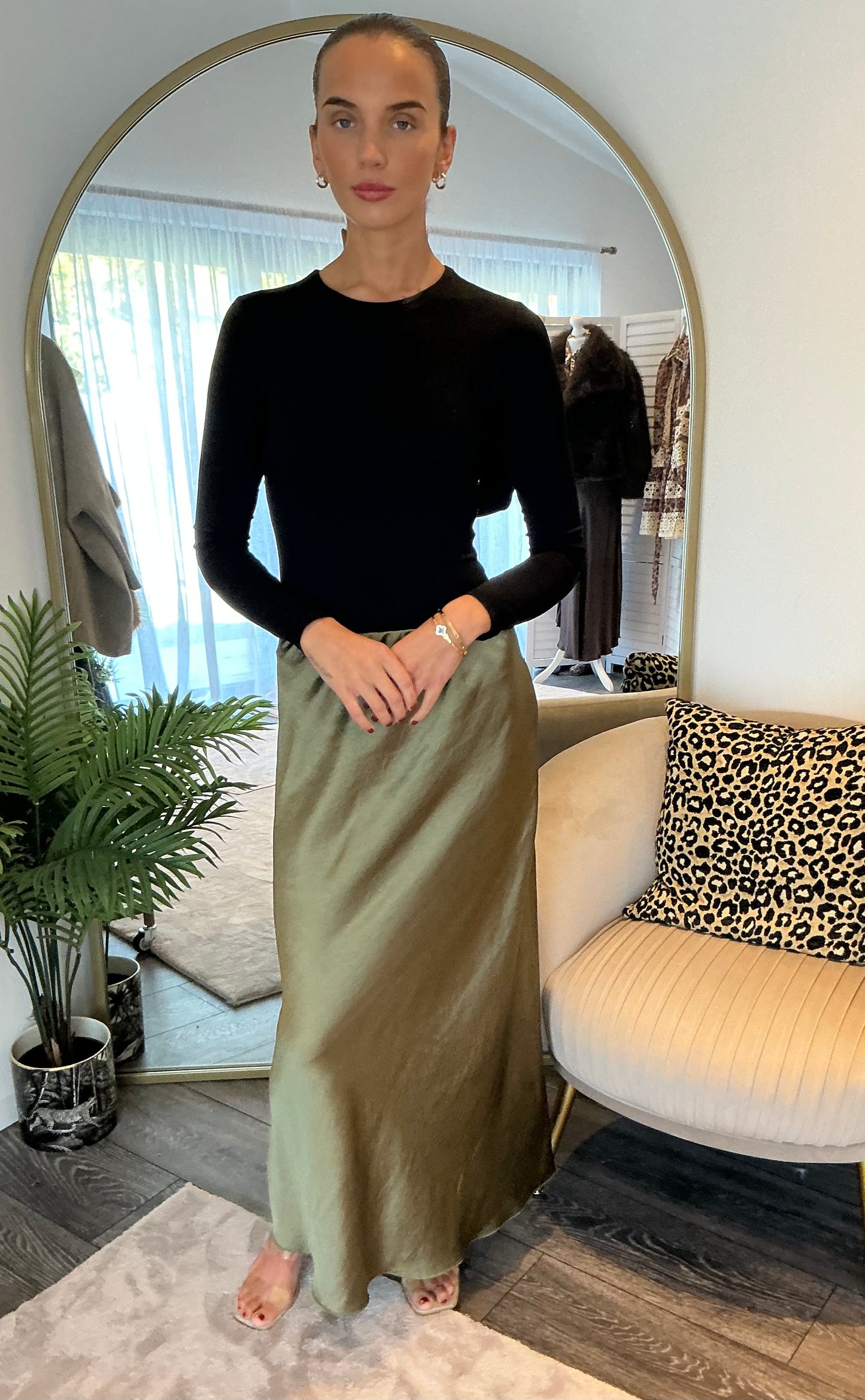 Khaki “Lara” Satin Maxi Skirt