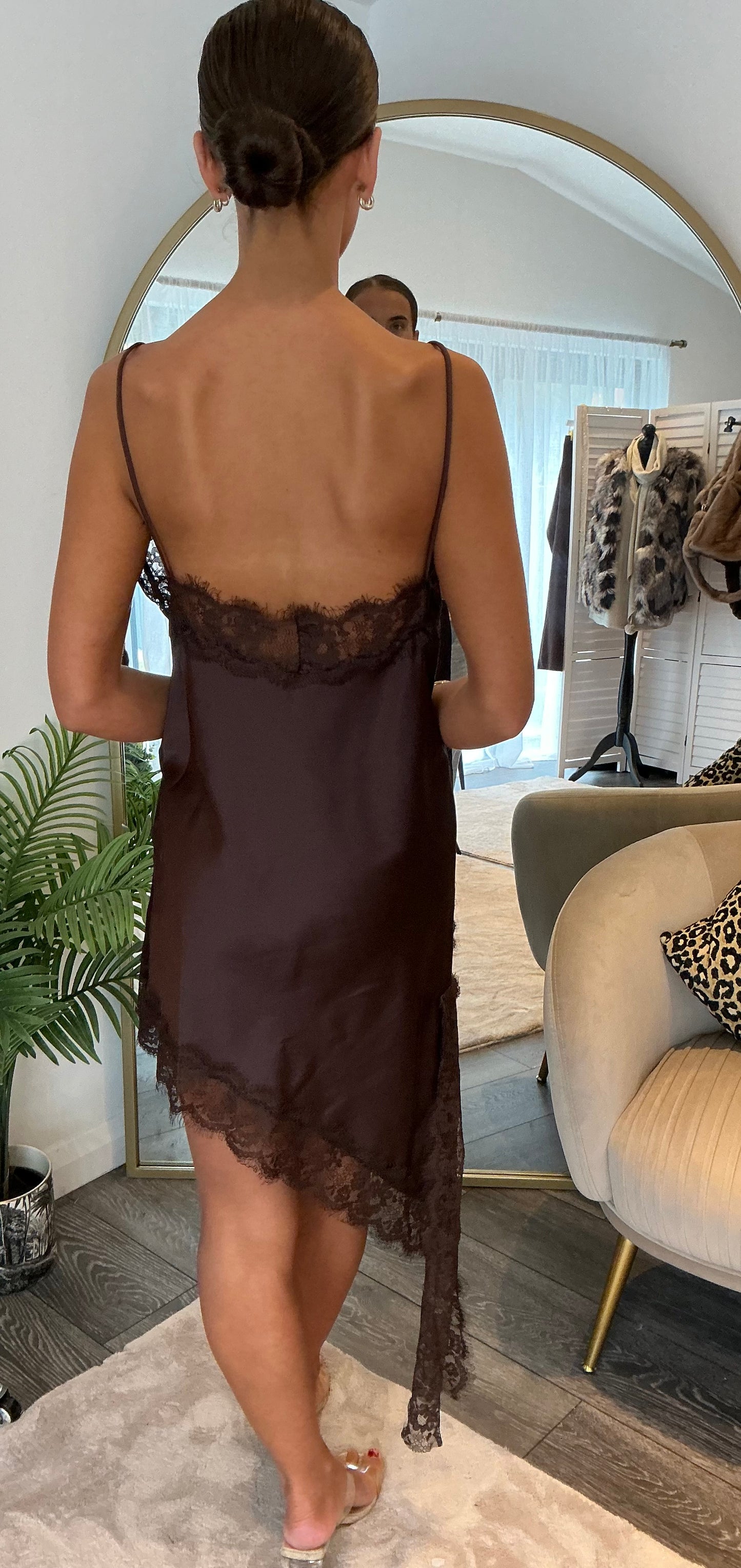 Brown “Selina” Satin Slip Dress/Cami