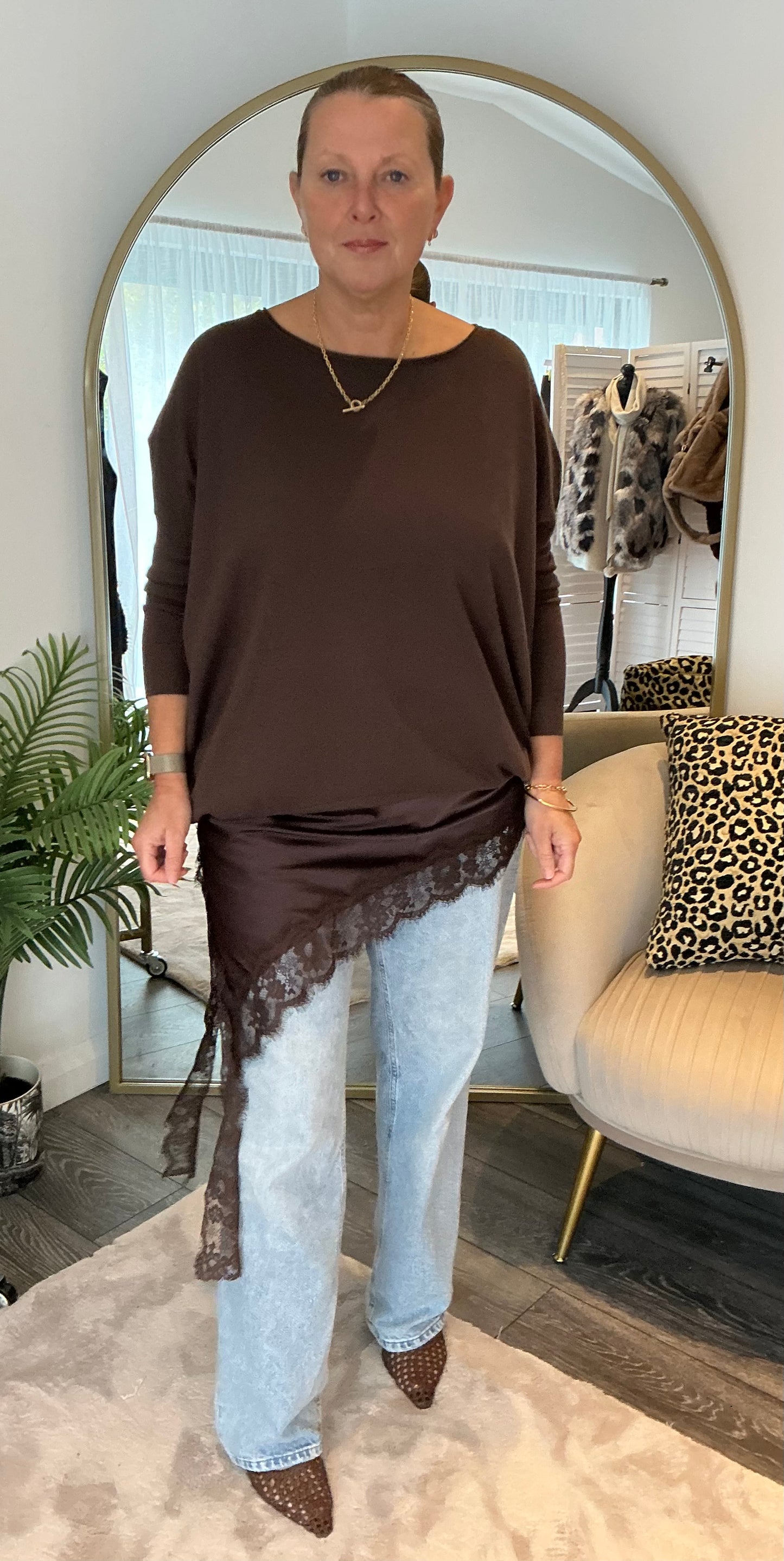 Brown “Selina” Satin Slip Dress/Cami