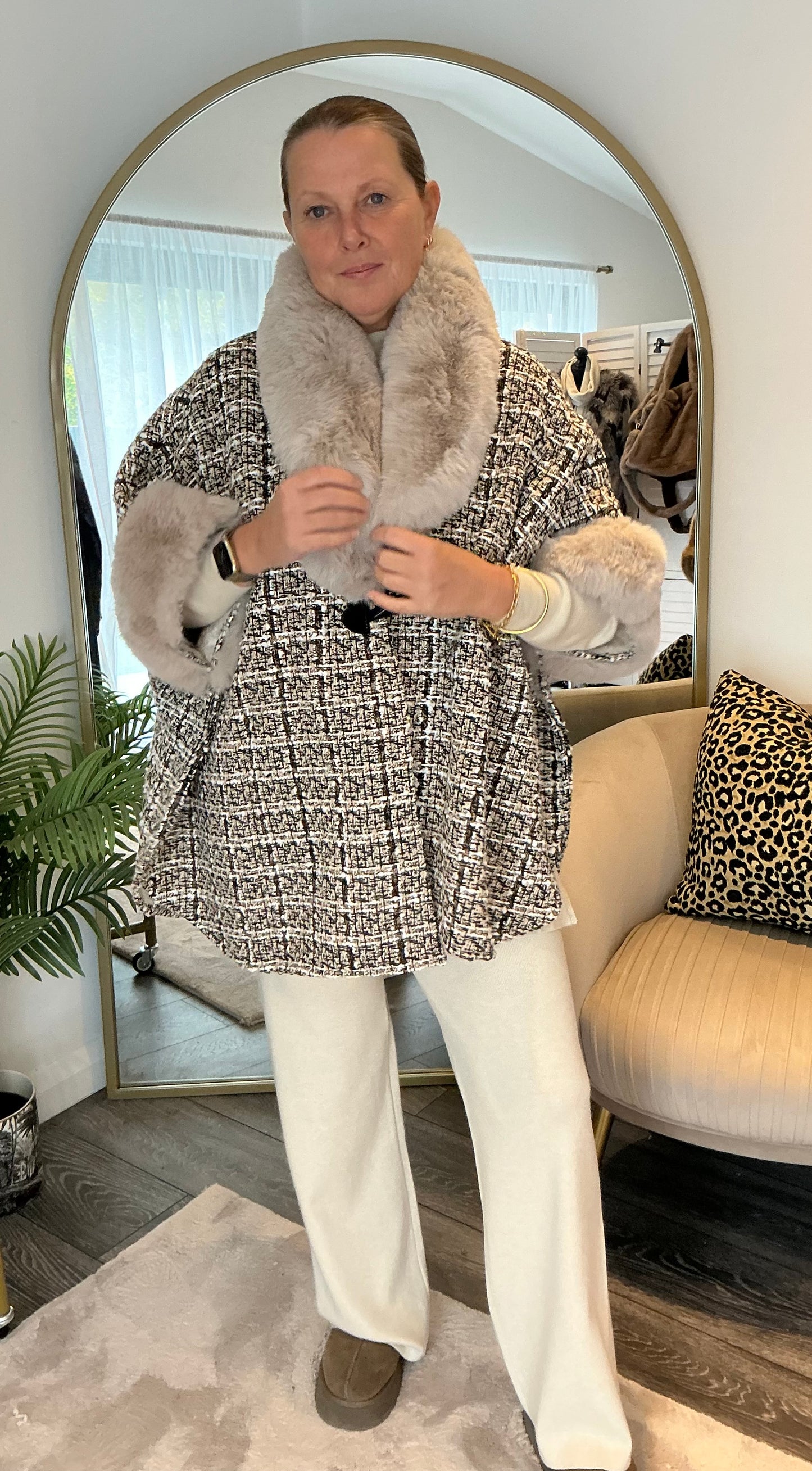 Beige “Miranda” Boucle & Faux Fur Cape