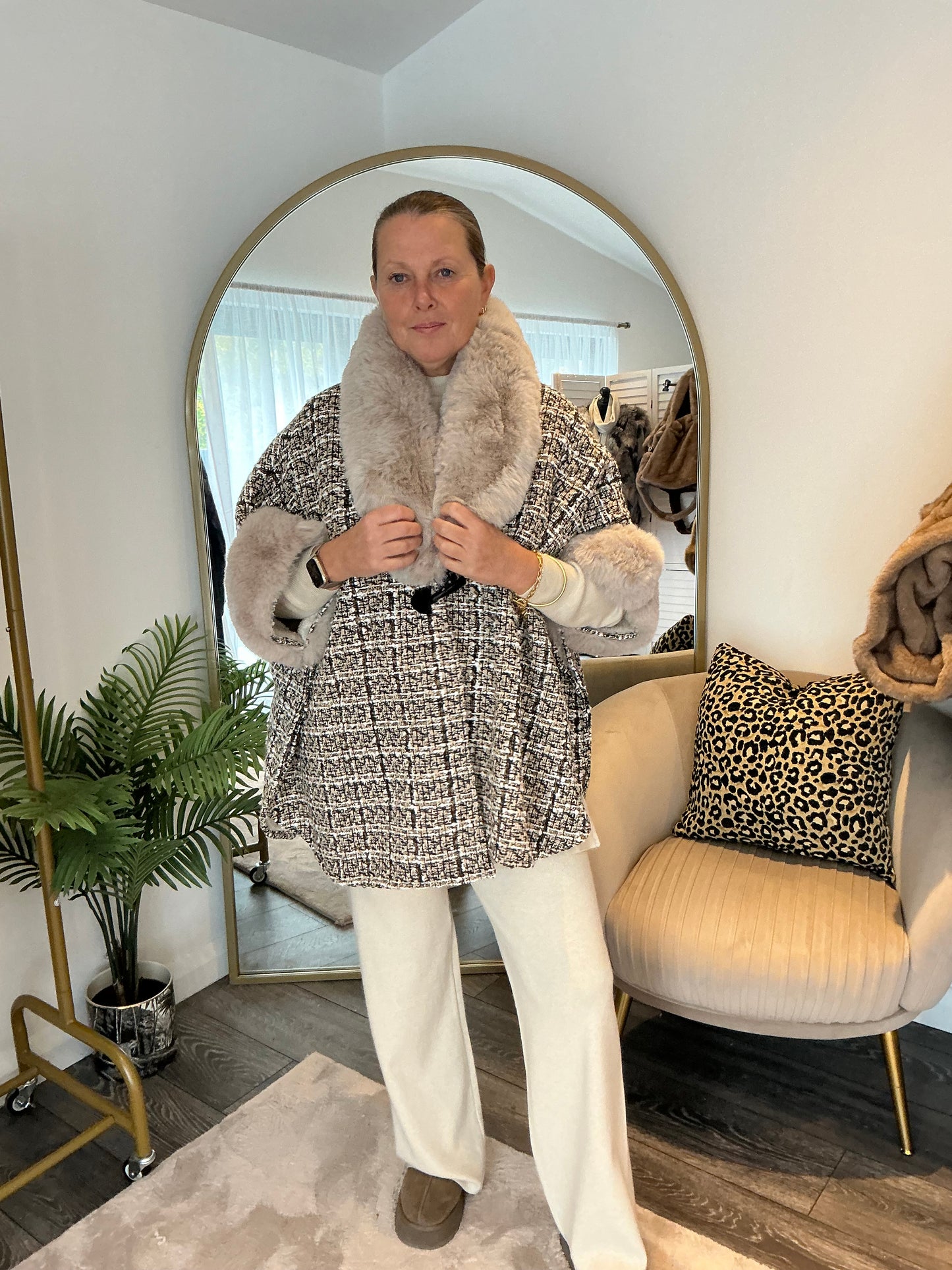 Beige “Miranda” Boucle & Faux Fur Cape