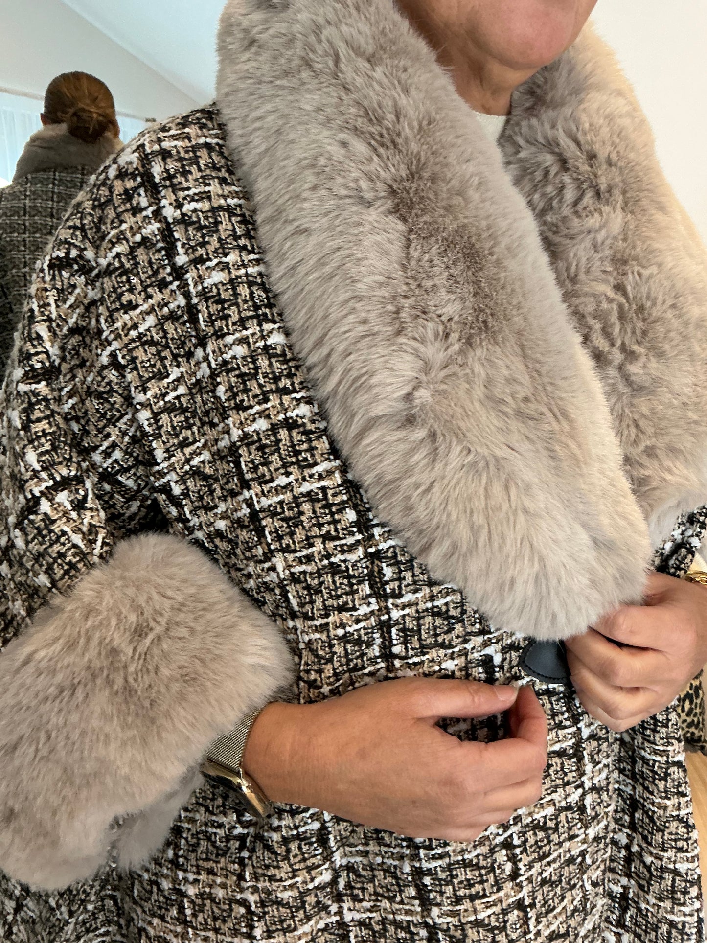 Beige “Miranda” Boucle & Faux Fur Cape