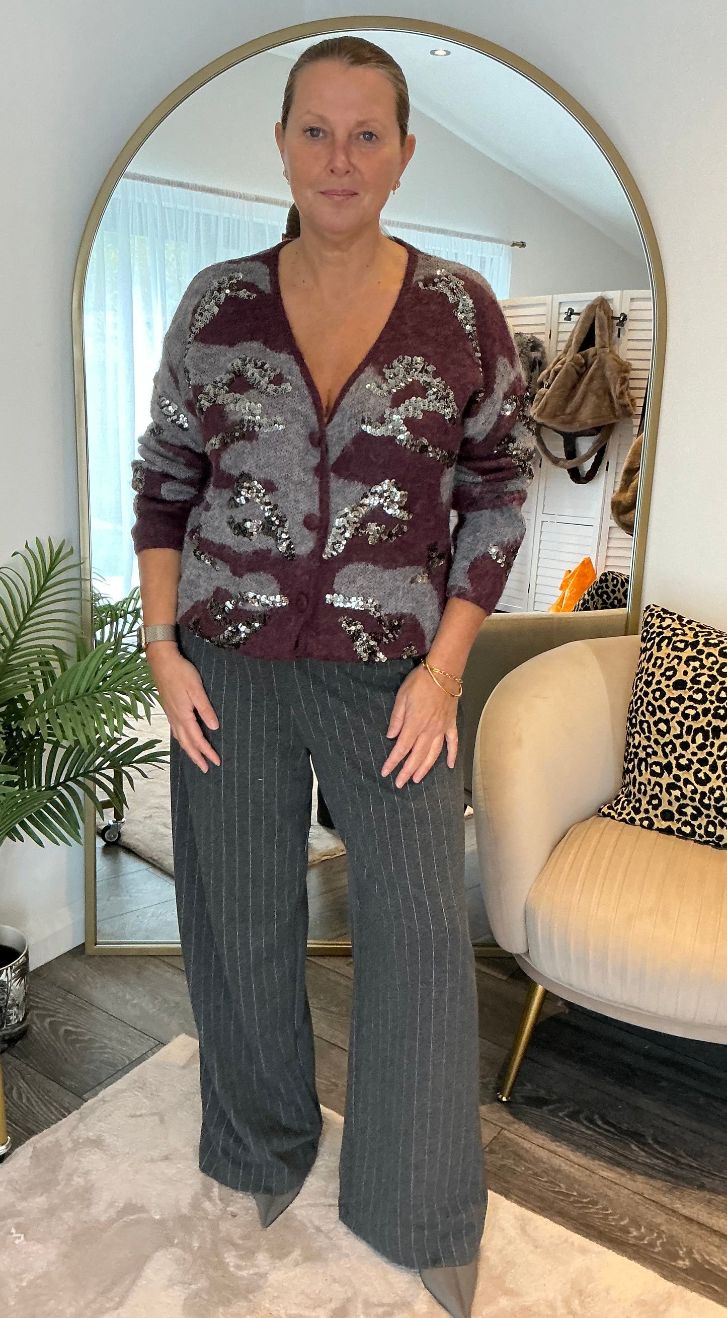 Dark Red “Camelia” Camo Sequin Cardi