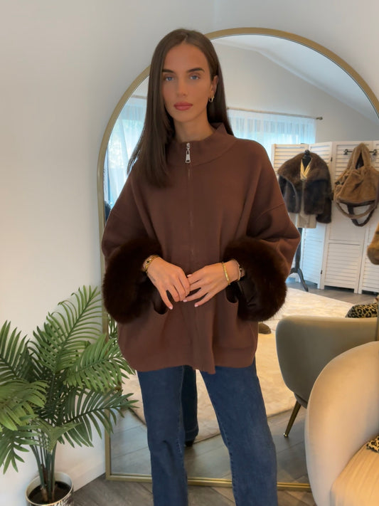 Brown “Susie” Faux Fur Trim Cardi