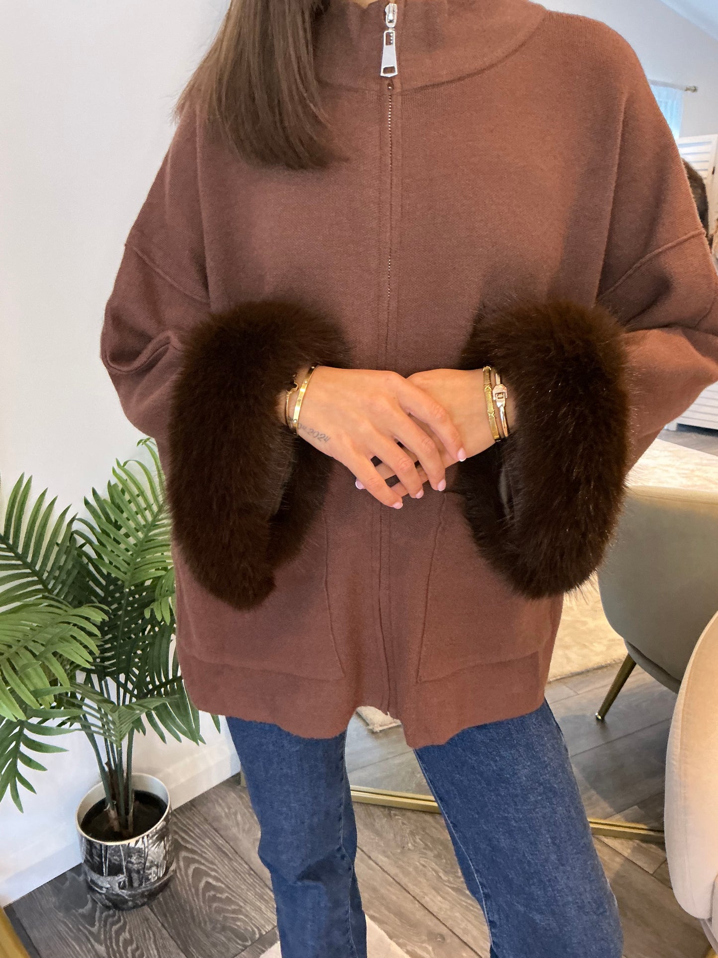 Brown “Susie” Faux Fur Trim Cardi