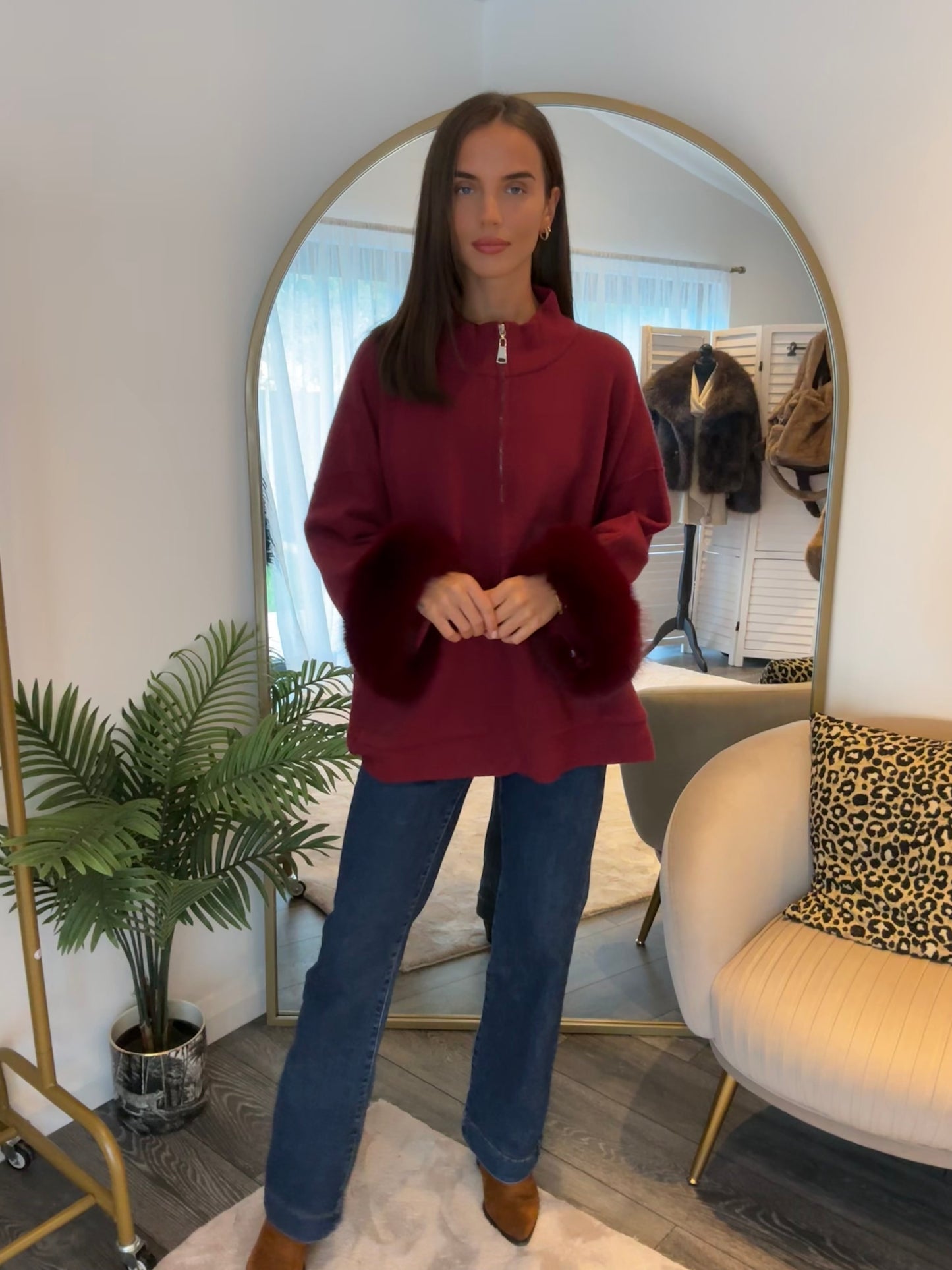 Red “Susie” Faux Fur Trim Cardi