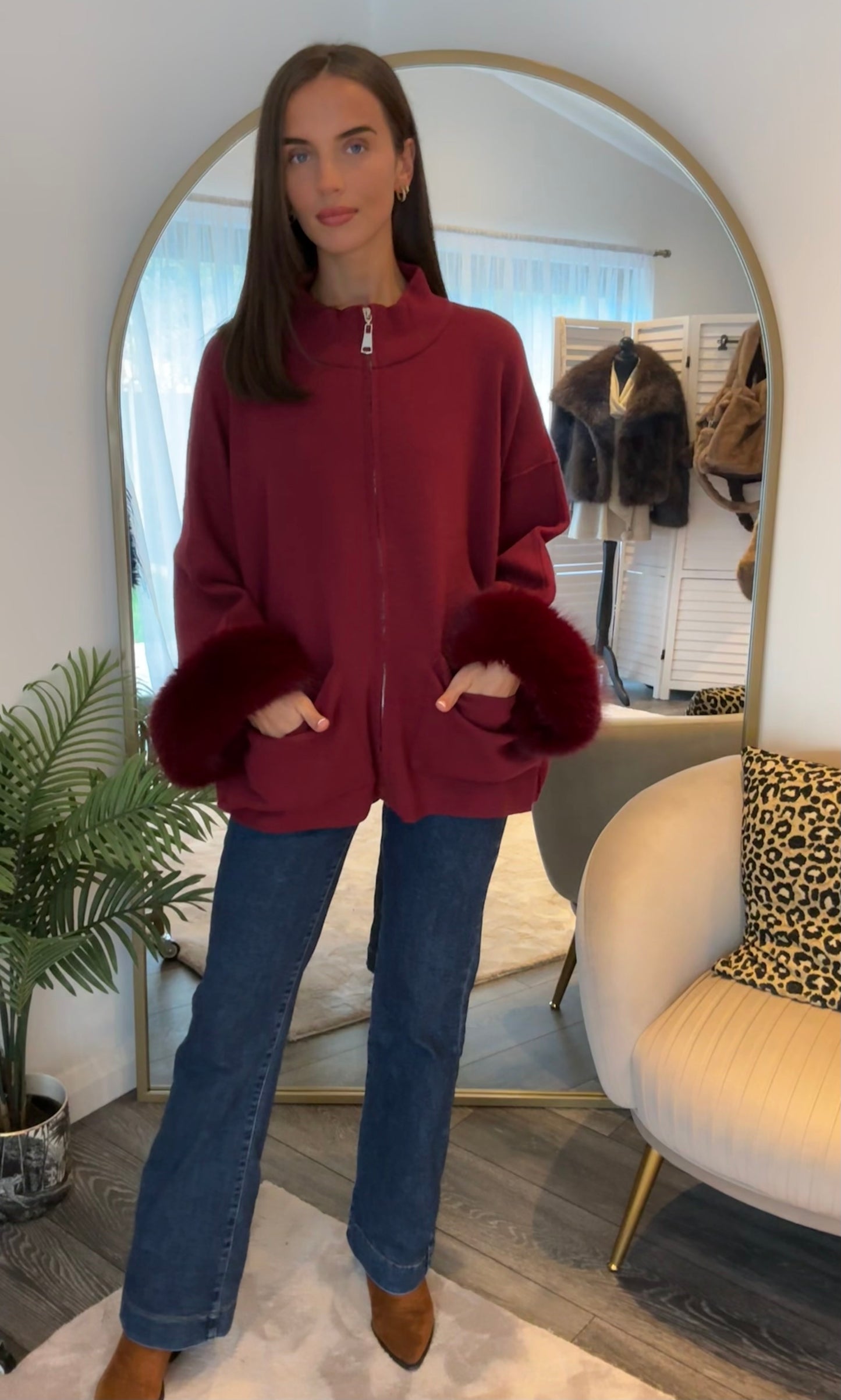 Red “Susie” Faux Fur Trim Cardi