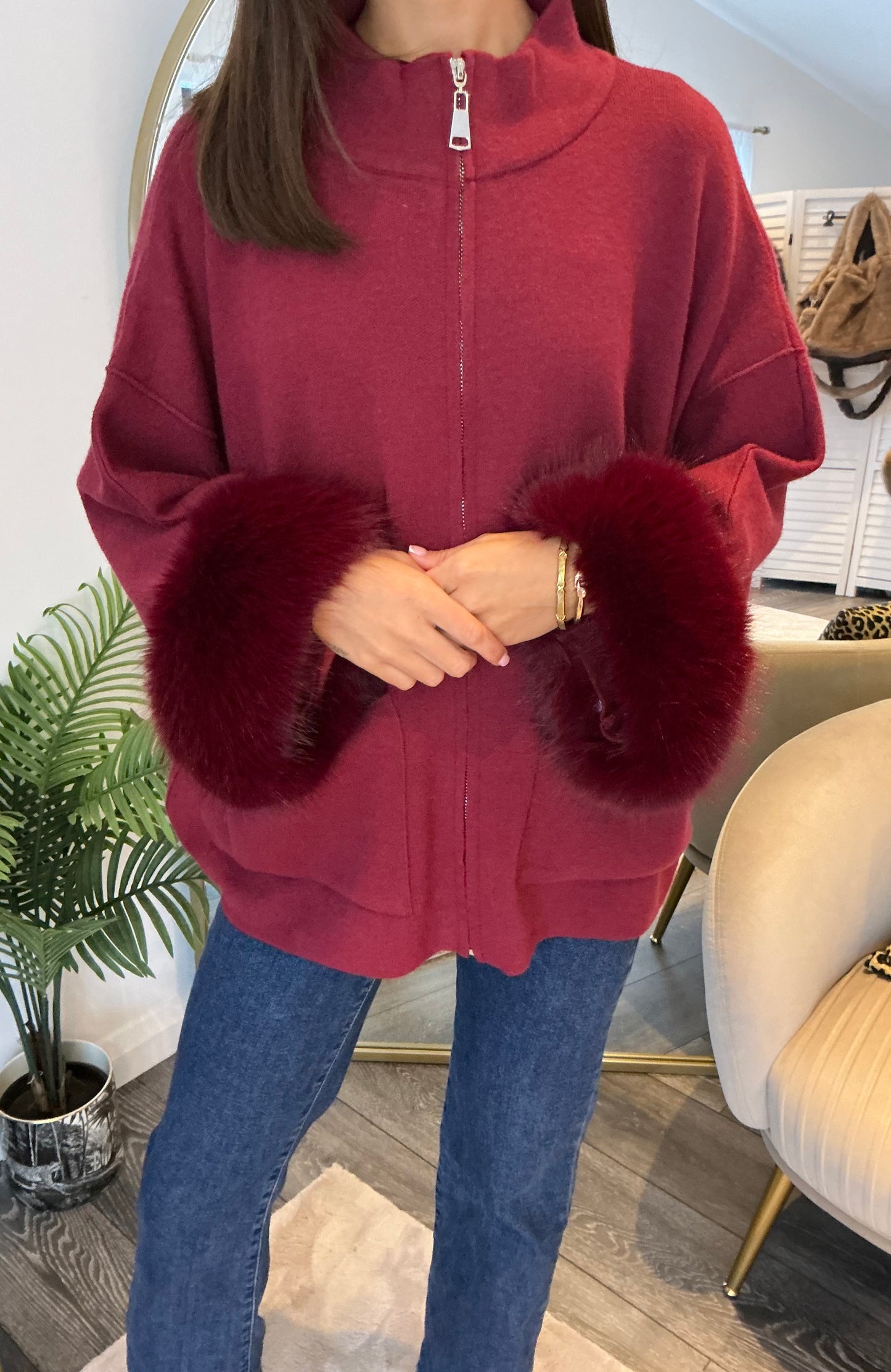 Red “Susie” Faux Fur Trim Cardi