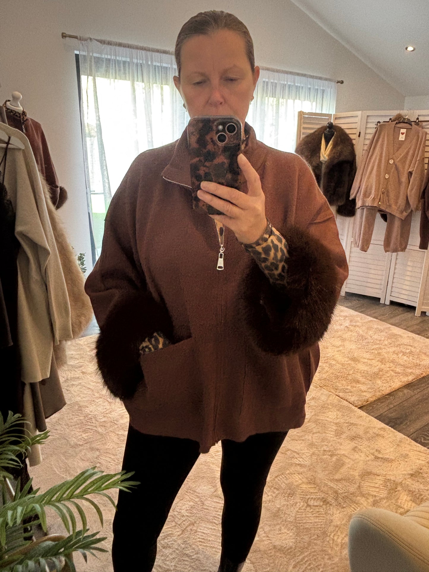 Brown “Susie” Faux Fur Trim Cardi