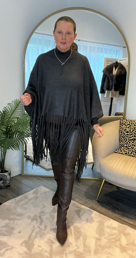 Grey Fringed Poncho Jumper