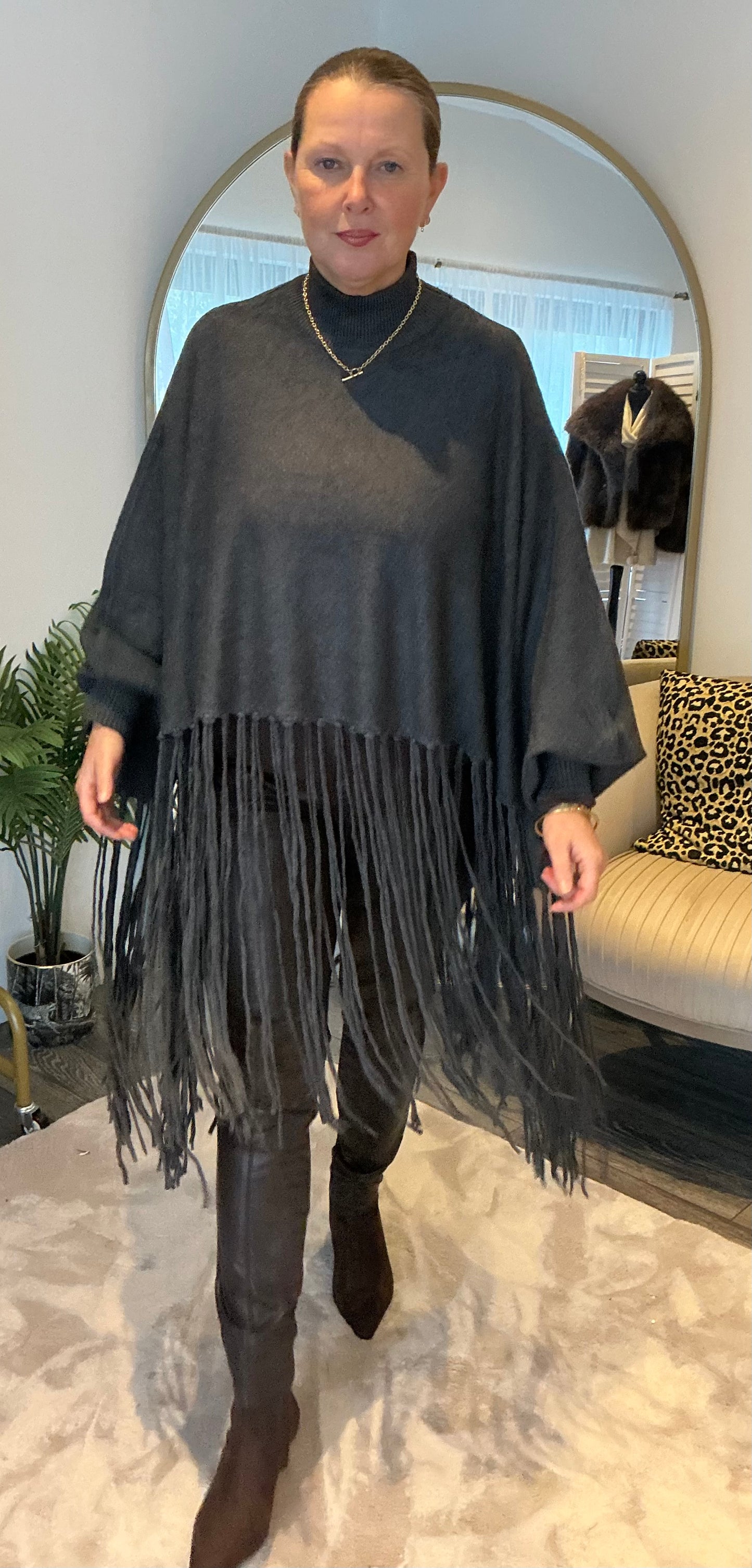 Grey Fringed Poncho Jumper