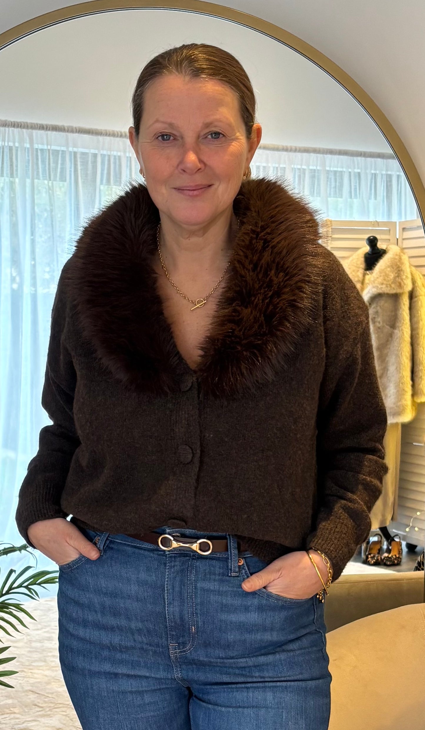Brown “Phoebe” Faux Fur Collar Cardi