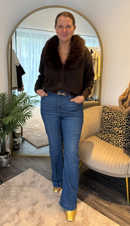 Brown “Phoebe” Faux Fur Collar Cardi