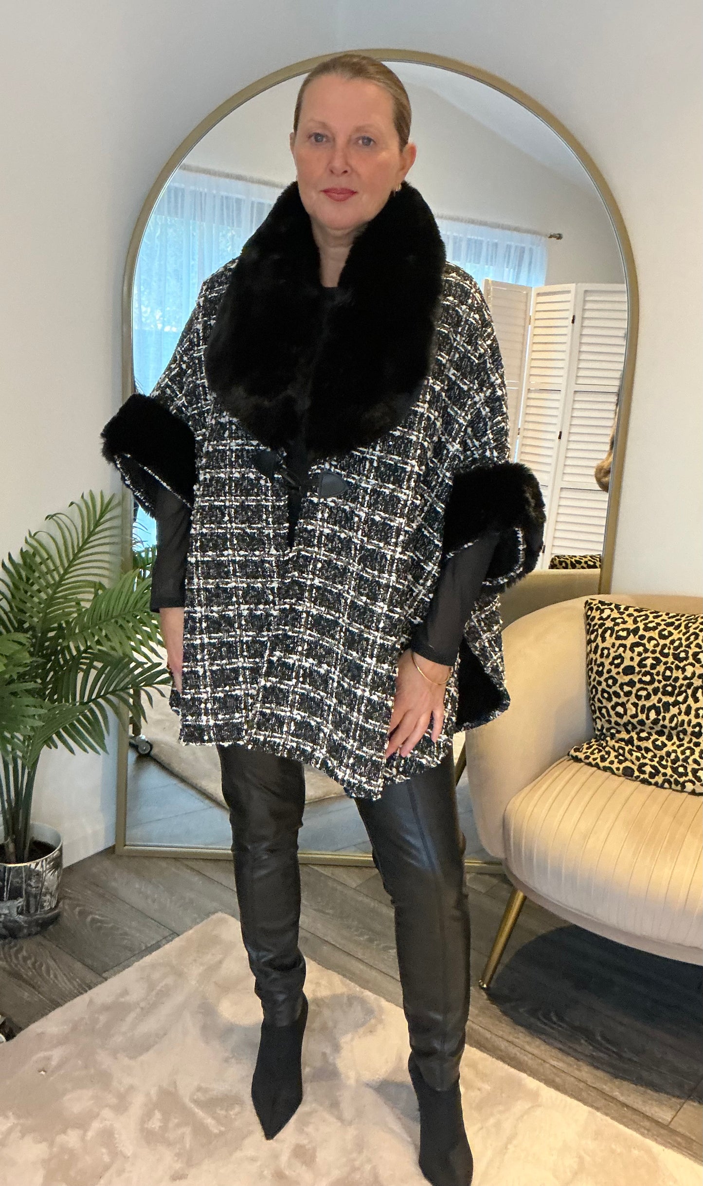 Black “Miranda” Boucle & Faux Fur Cape