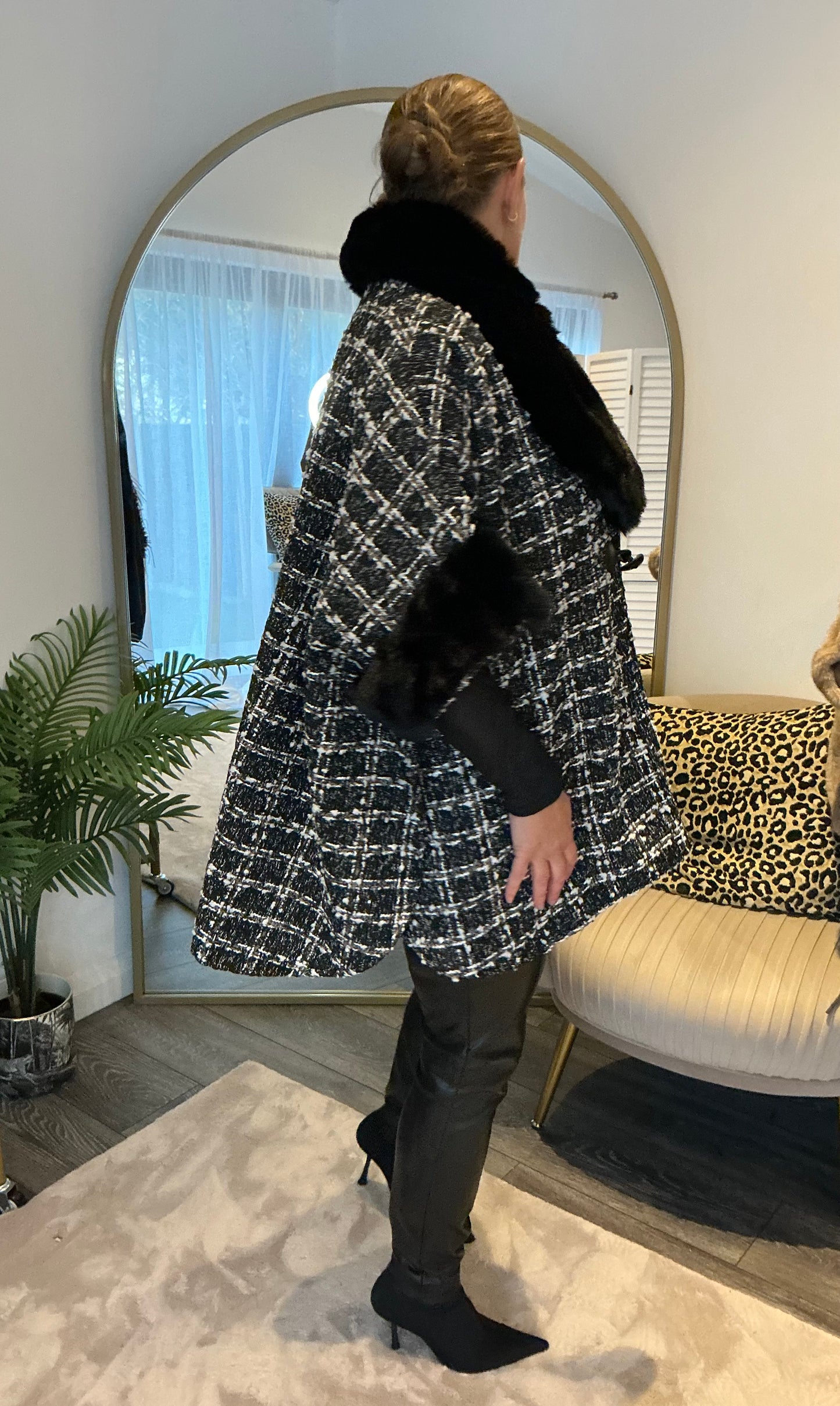 Black “Miranda” Boucle & Faux Fur Cape